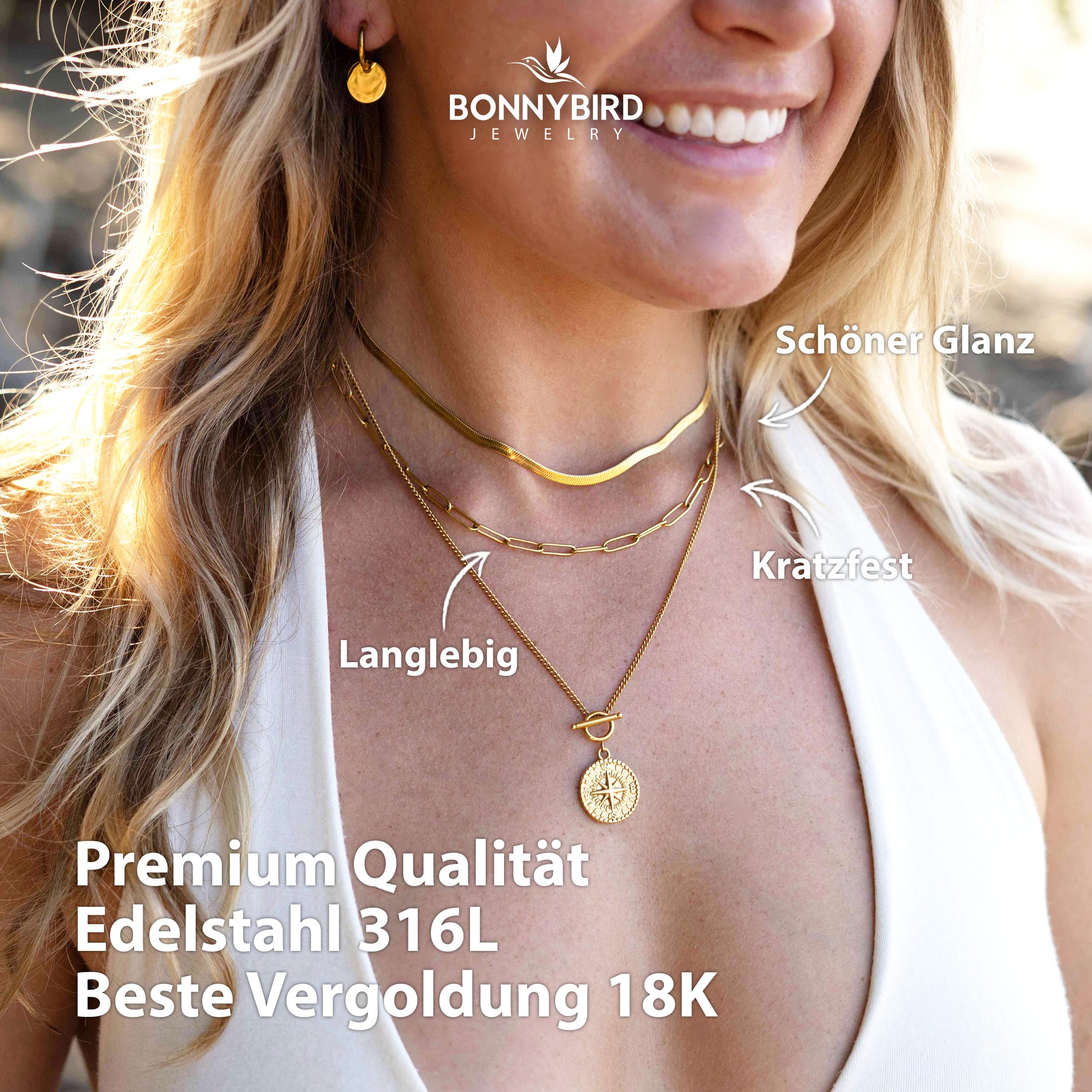 BONNYBIRD® Wasserfeste Edelstahl Gliederkette + Schlangenkette im Set für Damen in Silber, Gold & Roségold, 100% Wasserfest & Hautverträglich BonnyVoyage