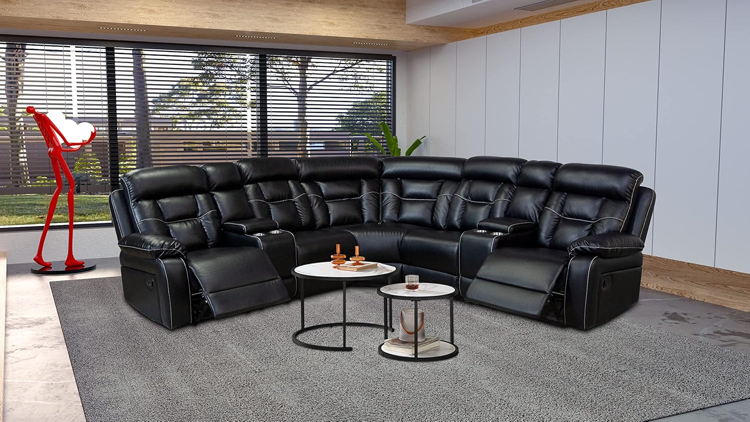 YUNLife&Home Modern 5-Seat Power Reclining Sectional Sofa - L-Shaped With 2 Consoles, 4 Cup Holders (107.5" X 107.5")