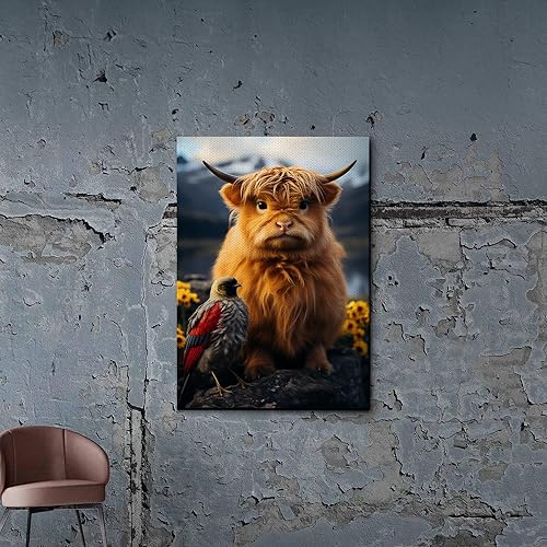 Highland Cow Wall Art, This Is Our Happy Place Inspirational Canvas Poster for Home, Long Haired Scottish Cow with White Flower Picture Farmhouse