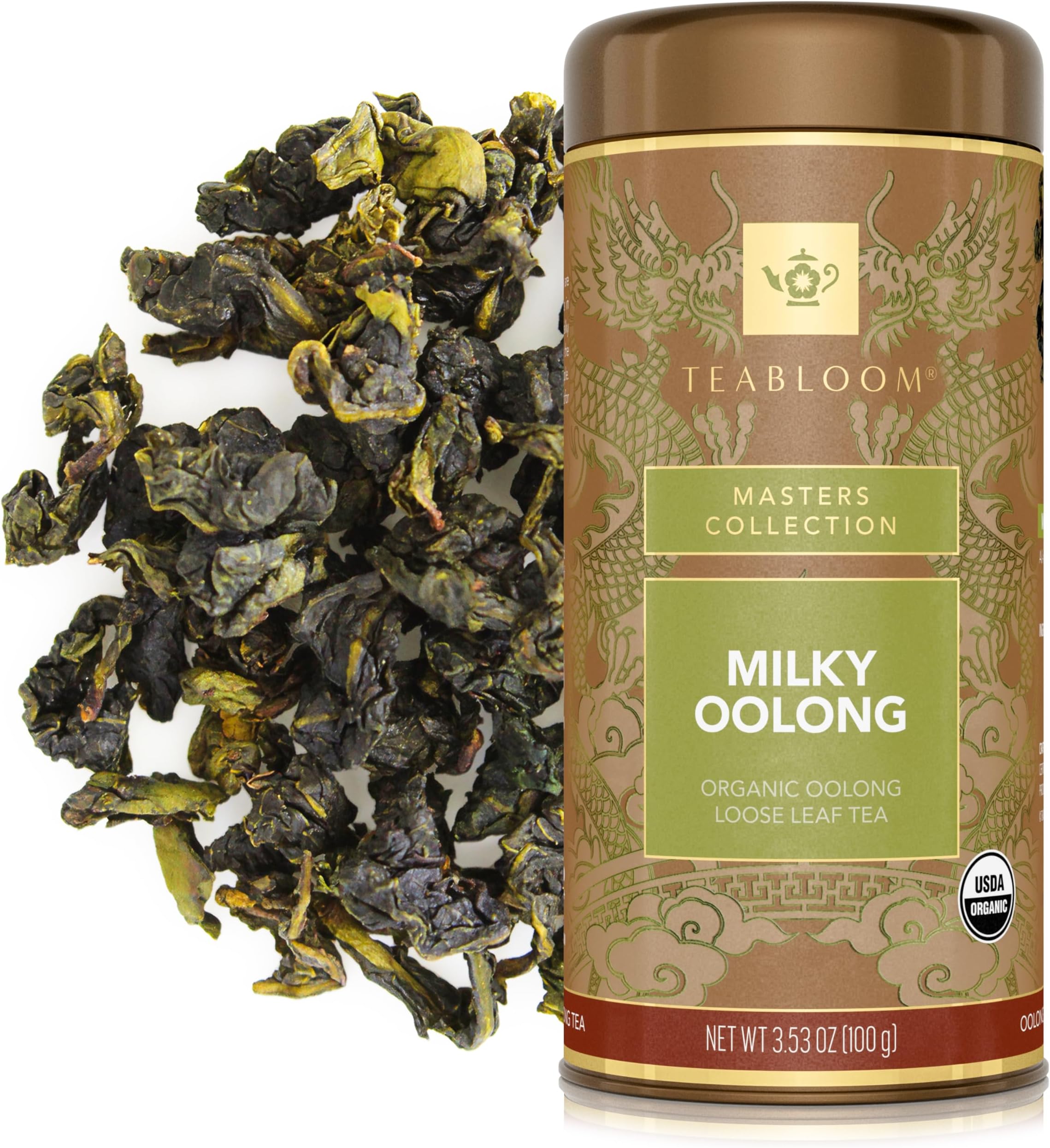 Teabloom Organic Oolong Tea, Milky Oolong Loose Leaf Tea, Rolled Leaves Famous for its Milky Taste and Silky Texture, 3.53 oz/100 g Canister Makes 35-50 Cups