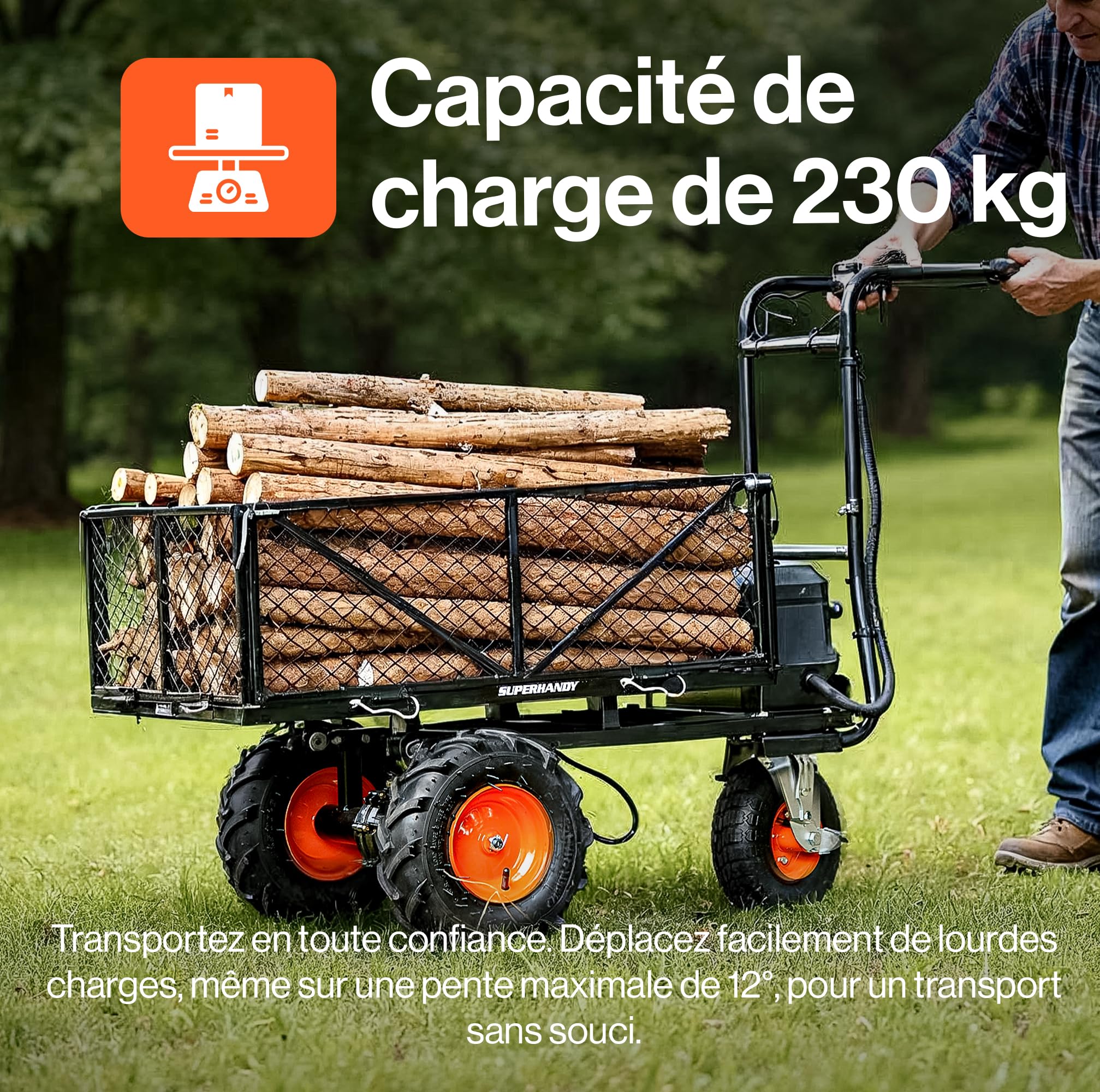 SuperHandy Brouette électrique 48 V, Charge 230 kg, Traction 460 kg | Batterie lithium-ion; chariot utilitaire pour ferme et jardin, conçu pour transporter facilement outils, terre et matériaux