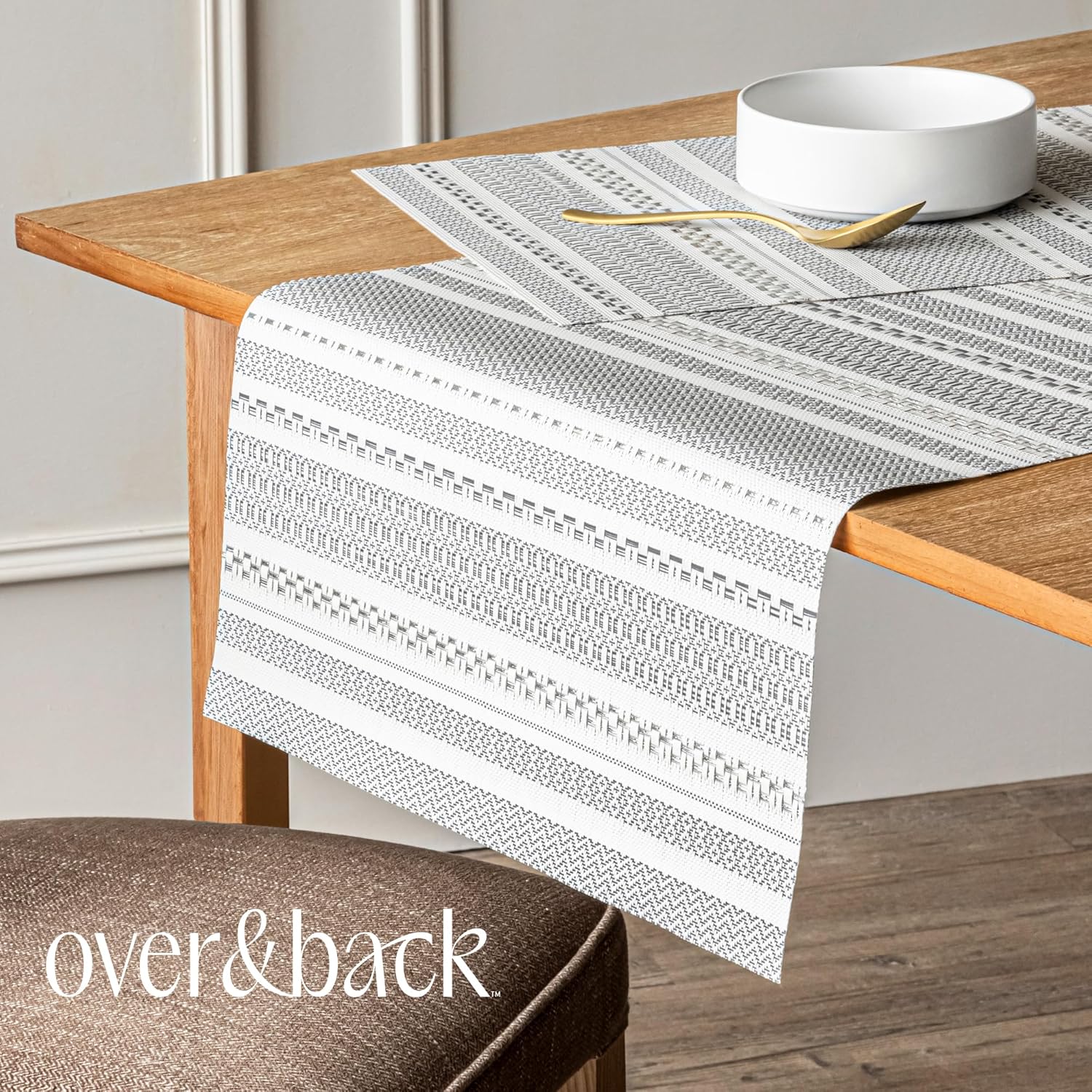 Over&Back 18x90 Reversible Striped Table Runner - UVA/UVB-Proof Table Runners - Waterproof Indoor and Outdoor Kitchen and Home Decor - Grey