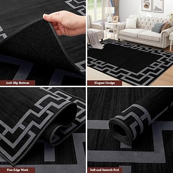 MOONLIGHT20015 Rugs Living Room 120 x 170 cm - Greek Key Style Black Area Rugs for Bedroom Dining Room – Non Slip Large Bedside Rug Printed Carpet for Lounge, Nico Black