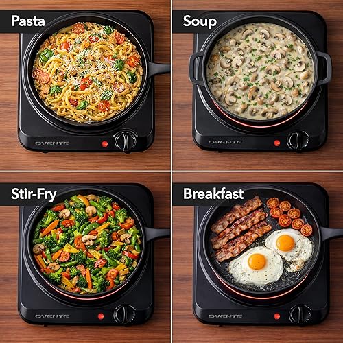 Vista 4 de OVENTE Quemador individual infrarrojo para encimera, placa eléctrica de 1000 W con placa de cocina de vidrio cerámico de 7 pulgadas, ajuste