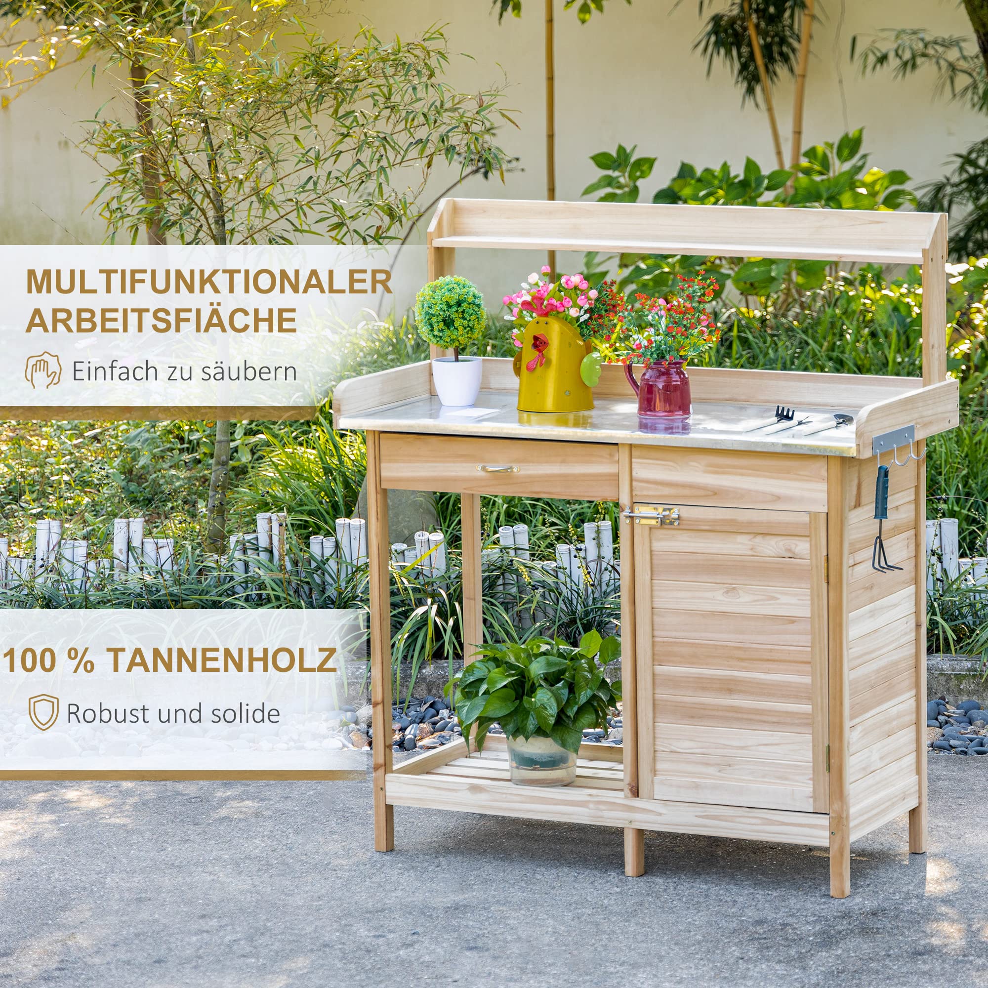 Outsunny Mesa de plantación con encimera galvanizada Mesa de jardinería con cajonera Mesa de Trabajo de jardín Madera Maciza Natural 112 x 48 x 125 cm | Mesa de jardín con cajón, armario, mesa de trabajo de jardín, madera maciza