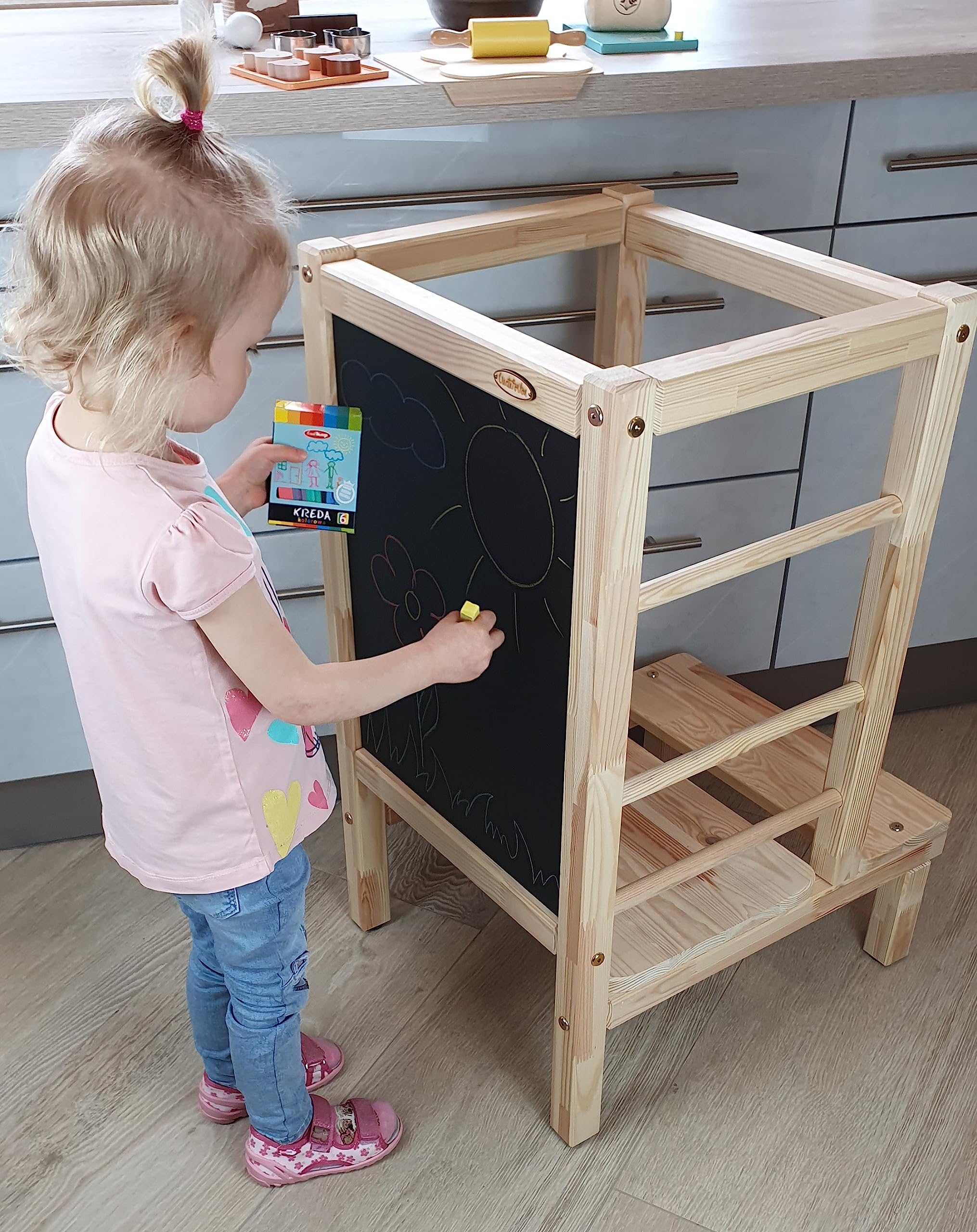 Lernturm Holz, Küchenhelfer für Kinder, Tritthocker Kinder, Trittschemel, Learning Tower, Höhenverstellbar, Massives Kiefernholz, Leicht und Mobil - 45x56x80 cm