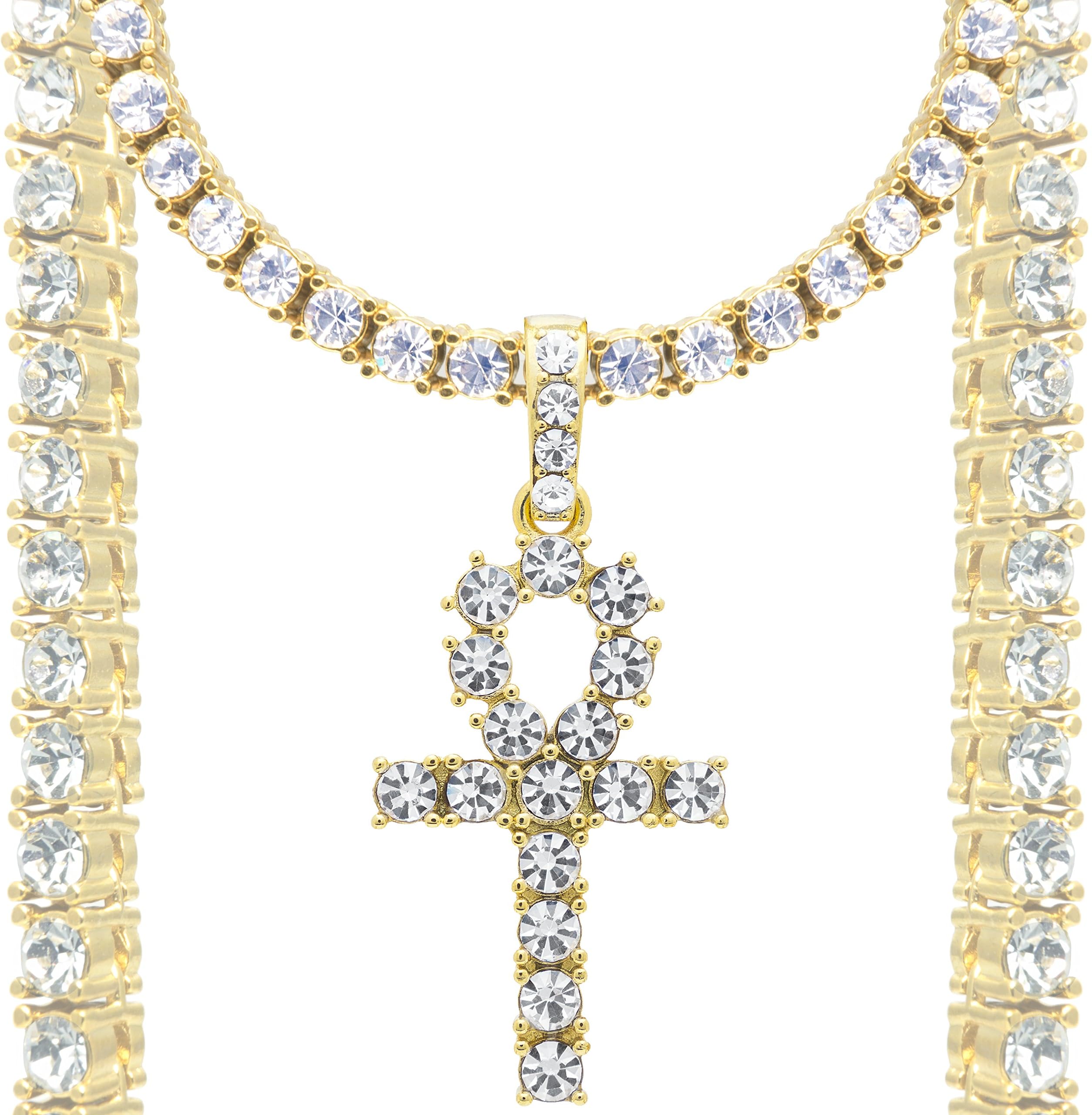 DubaiLink Diamond Ankh Cross Pendant 18k Gold + Chain & Gift Box