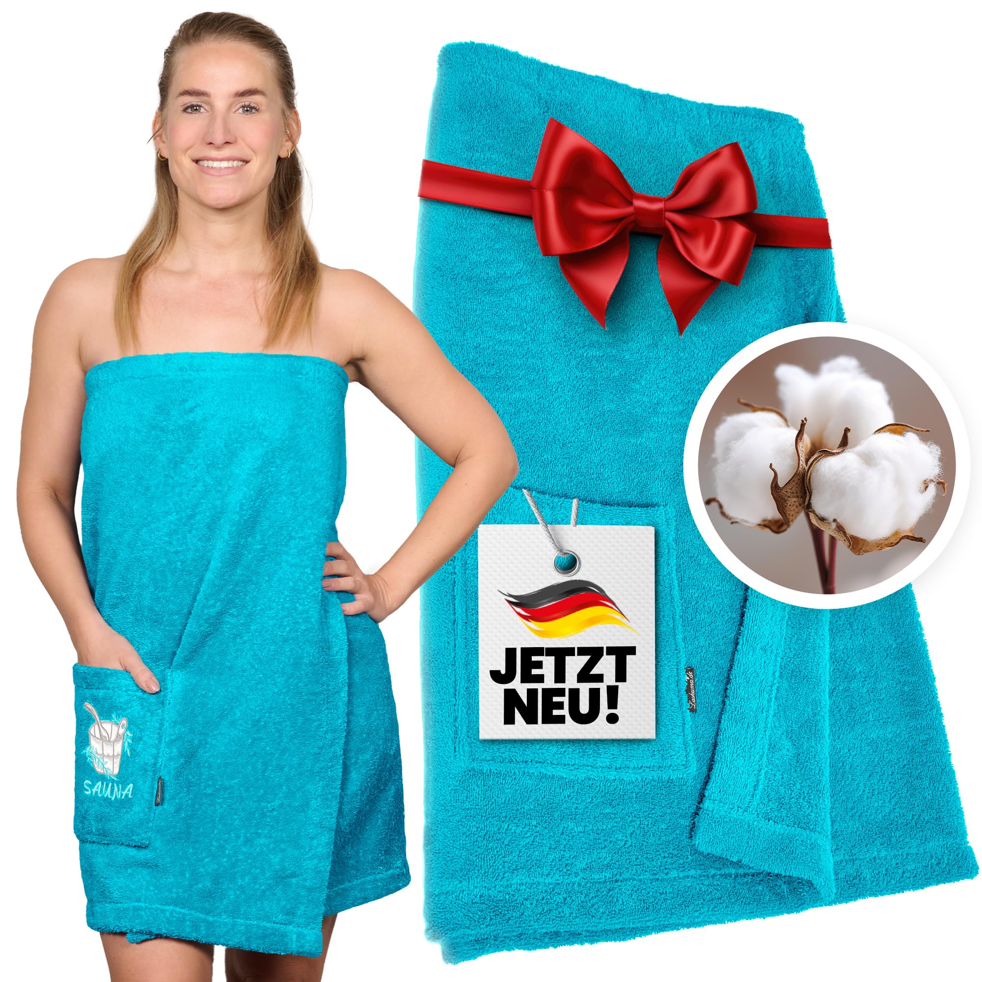 Lashuma Saunakilt Dame L - XXL, Lillby Frottee Saunahandtuch, Saunatuch Baumwolle Blau - Aquamarin mit Klettverschluss u. Gummizug