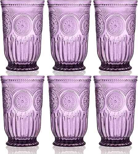Juego de 6 vasos altos de color morado con diseño vintage único. Cristalería púrpura apta para lavavajillas con copas de vino moradas a juego.