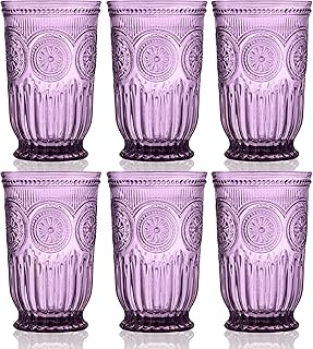 Yungala Purple Highball Glasses, set of 6 tall drinking glasses with unique vintage design and a deep purple hue. DISHWASHER SAFE glassware made from purple glass. Matching wine glasses available.