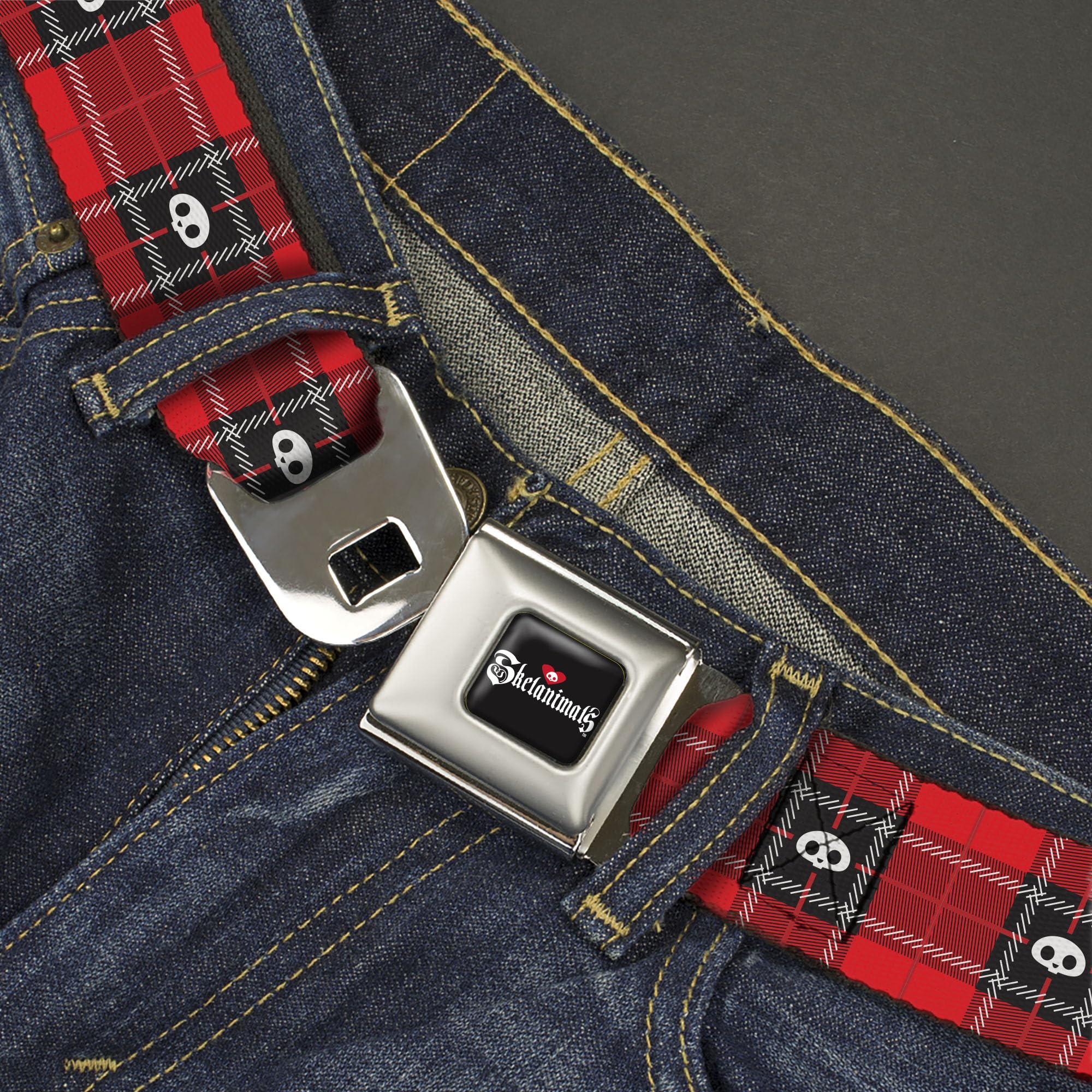 Skelanimals Belt, Seatbelt Buckle Belt, Skelanimals Face Logo Plaid Red Black White, Youth 20 to 36 Inches