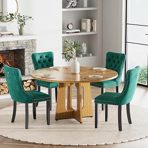 Miniatura 11 de Juego de mesa de comedor redonda de 47 pulgadas para 4, mesa de cocina de mármol sintético blanco circular con 4 sillas de comedor tapizadas de Mesa