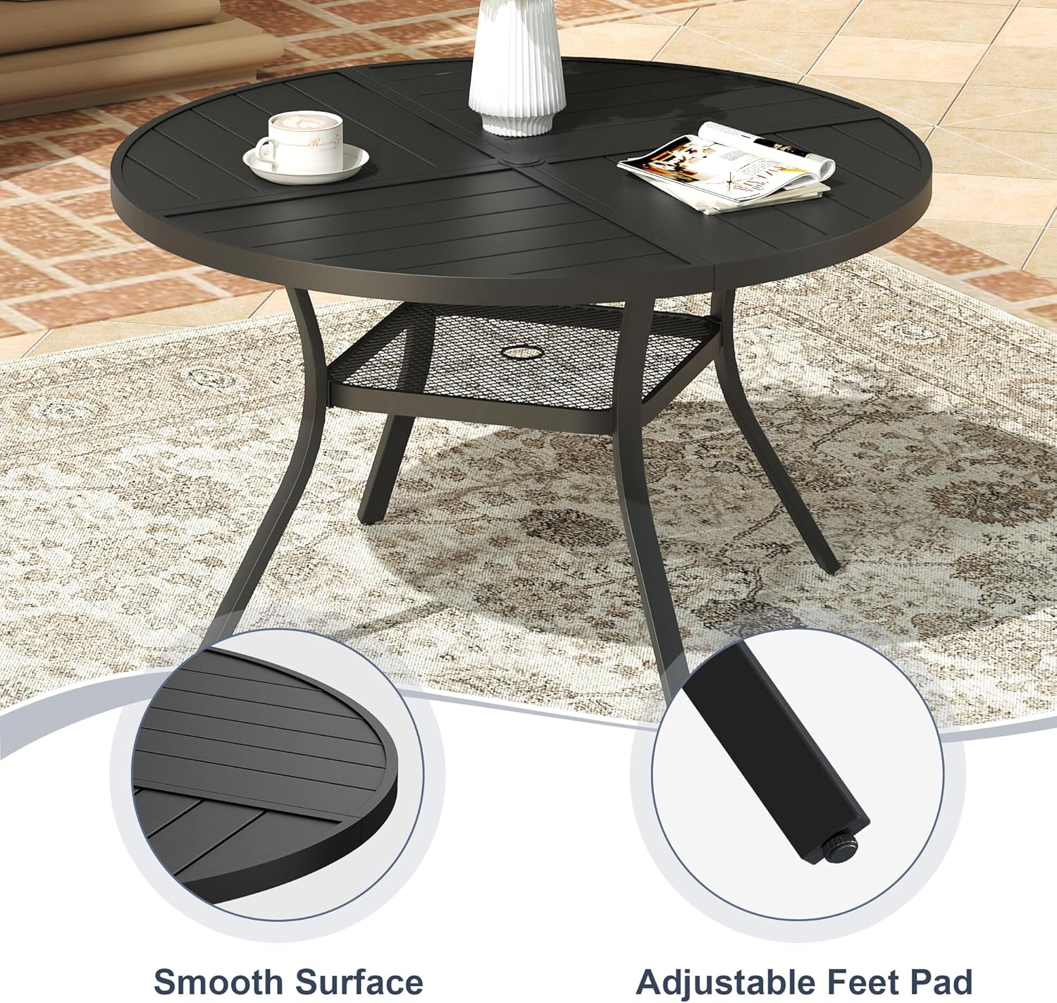 VICLLAX 47.2" Round Patio Dining Table for 4-6, All Weather Metal Outdoor Table with 1.57" Umbrella Hole and Storage Shelf for Garden Lawn Deck, Black