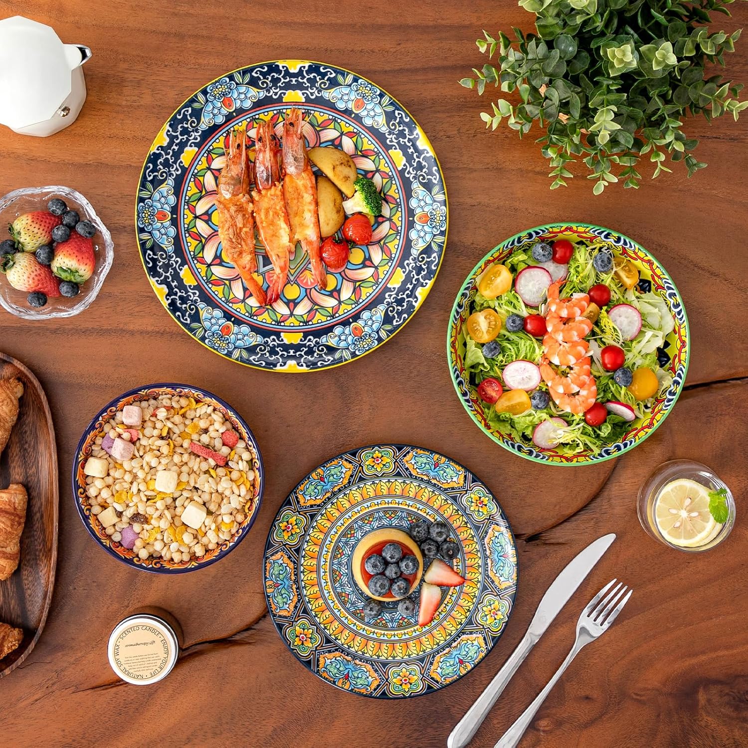 vancasso 16 Pieces Plates and Bowls Set, Bohemian Style Dinnerware Sets Service for 4, Porcelain Boho Dishes Set for Kitchen, Housewaring Gift, Dishwasher and Microwave Safe, Series KRVI