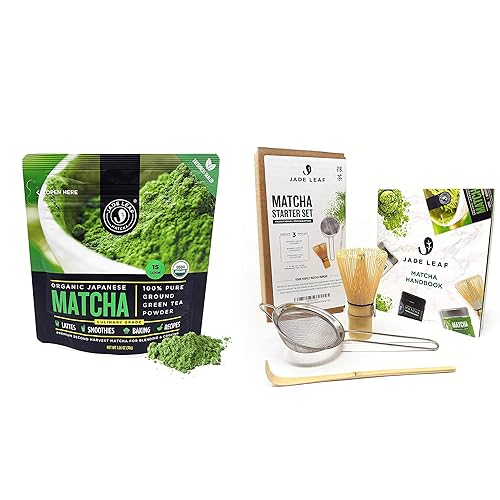 Jade Leaf Matcha + Paquete de té - Bolsa culinaria de té verde matcha orgánico en polvo (1.06 oz) y juego de inicio tradicional de matcha
