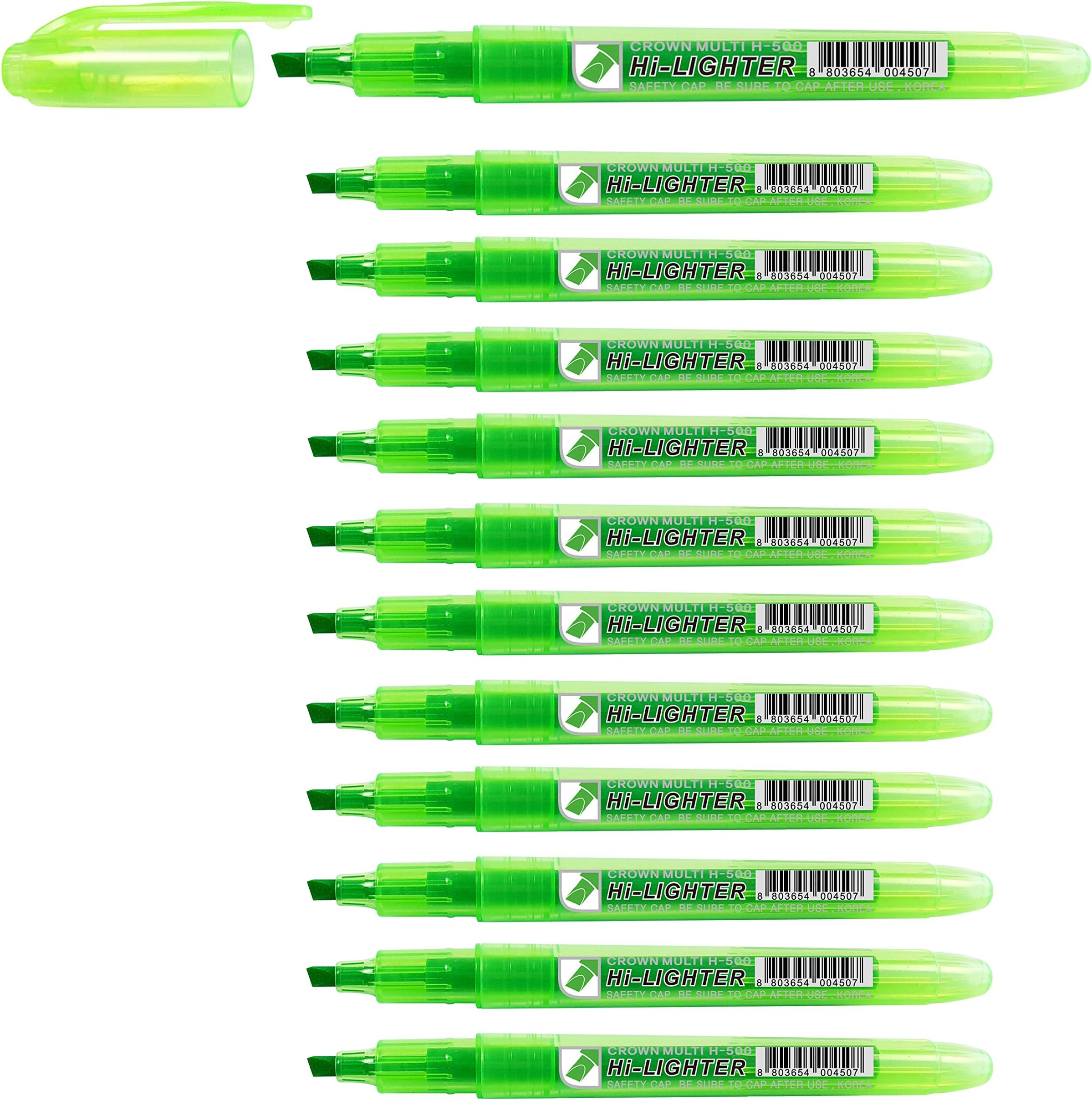 CROWN H-500 Highlighter Pens Chisel Tip Slim Highlighters - Pack Of 12 - With Bright Fluorescent Ink - Green