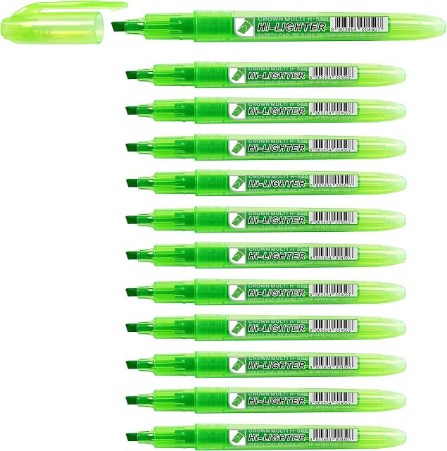 Crown H-500 Highlighter Pens Chisel Tip Slim Highlighters - Pack Of 12 - With Bright Fluorescent Ink - Green
