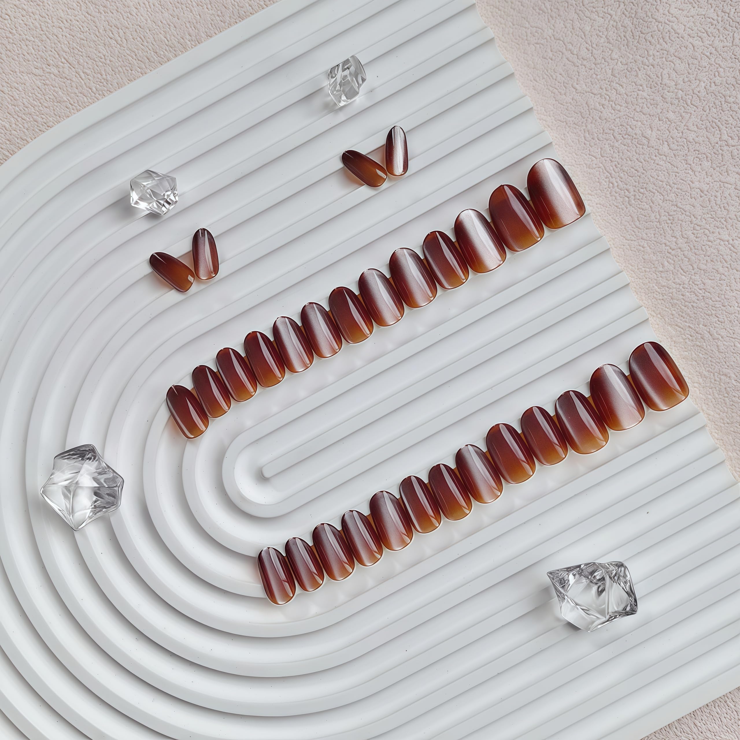 SXVME Soft Gel Press on Nails Extra Short Oval, 30 Pcs Light Brown Cat Eye False Nails Short Almond - Image 3