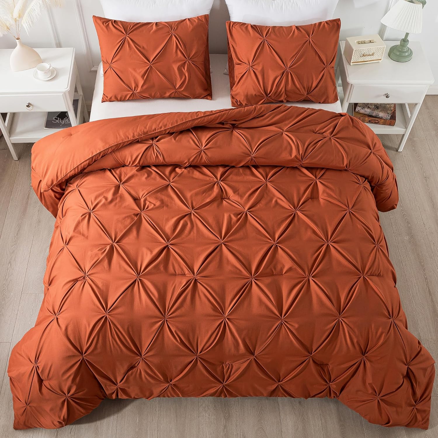 Andency California King Comforter Set Burnt Orange, Pinch Pleat Cal King Comforter Set 3 Pieces, Lightweight Soft Oversized King Microfiber Down Alternative Bedding Set