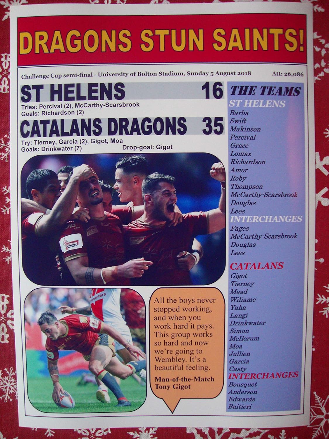 St Helens 16 Catalans Dragons 35-2018 Challenge Cup semi-Final - Souvenir Print
