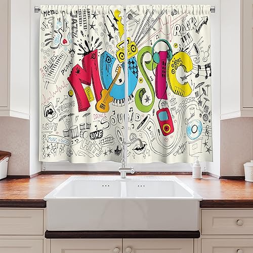 Miniatura 2 de Ambesonne Cortinas de cocina musical, arte pop, estilo garabato, fondo musical, ilustración de arte sonoro, cortinas de ventana, juego de 2 paneles