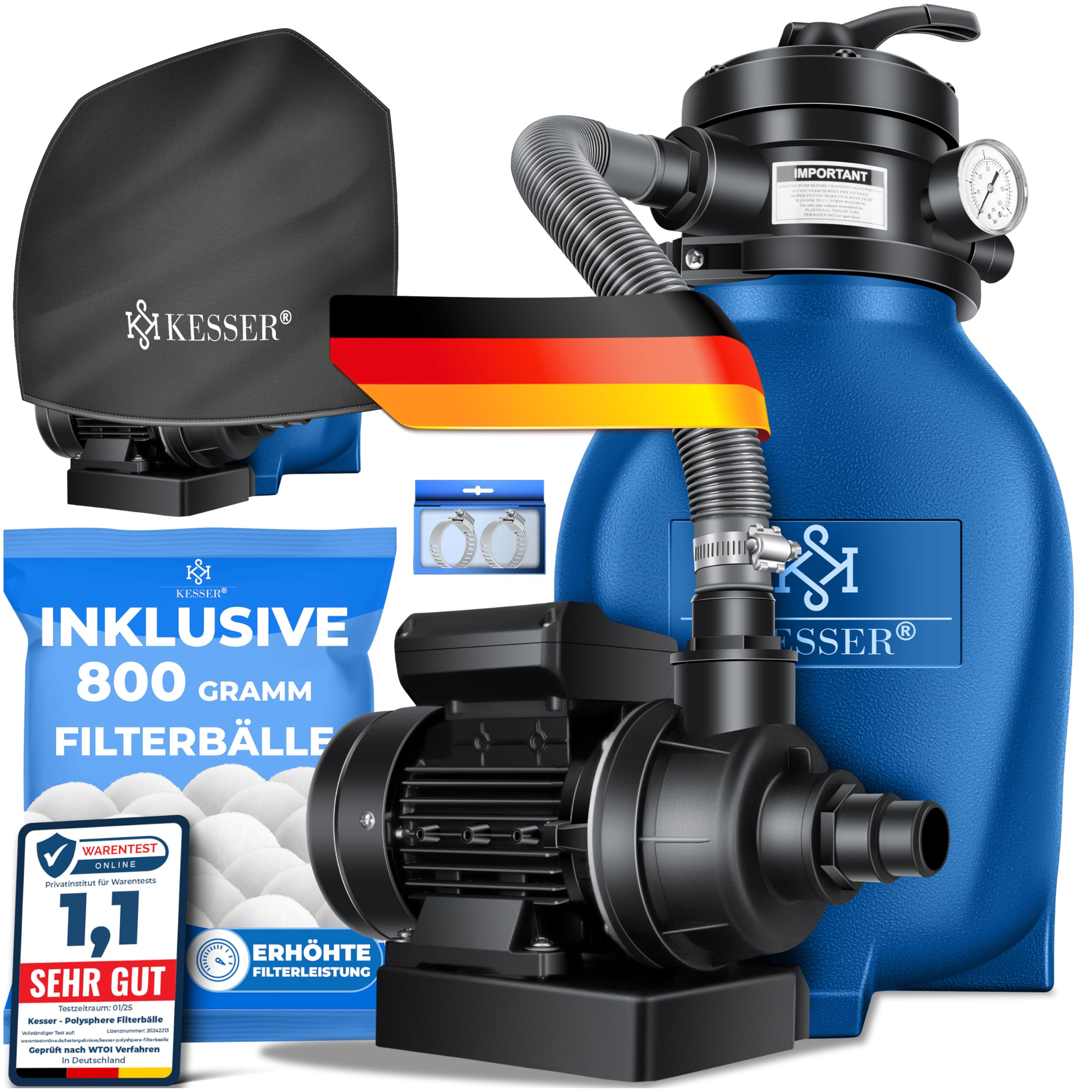 KESSER® Sandfilter Sandfilteranlage + 800g Filterbälle ersetzen 25kg Filtersand-Poolfilter 10 m³/h Filteranlage Filterkessel für Pool Schwimmbecken 4-Wege Ventil, einfache Steuerung, Inkl. Cover, Blau