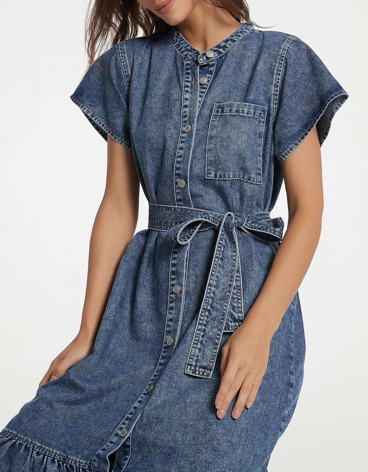 Kedera Summer Button Down Denim Shirt Dresses for Women Maxi Ruffle Short Sleeve Flowy Tiered Beach Sun Dress - Image 7