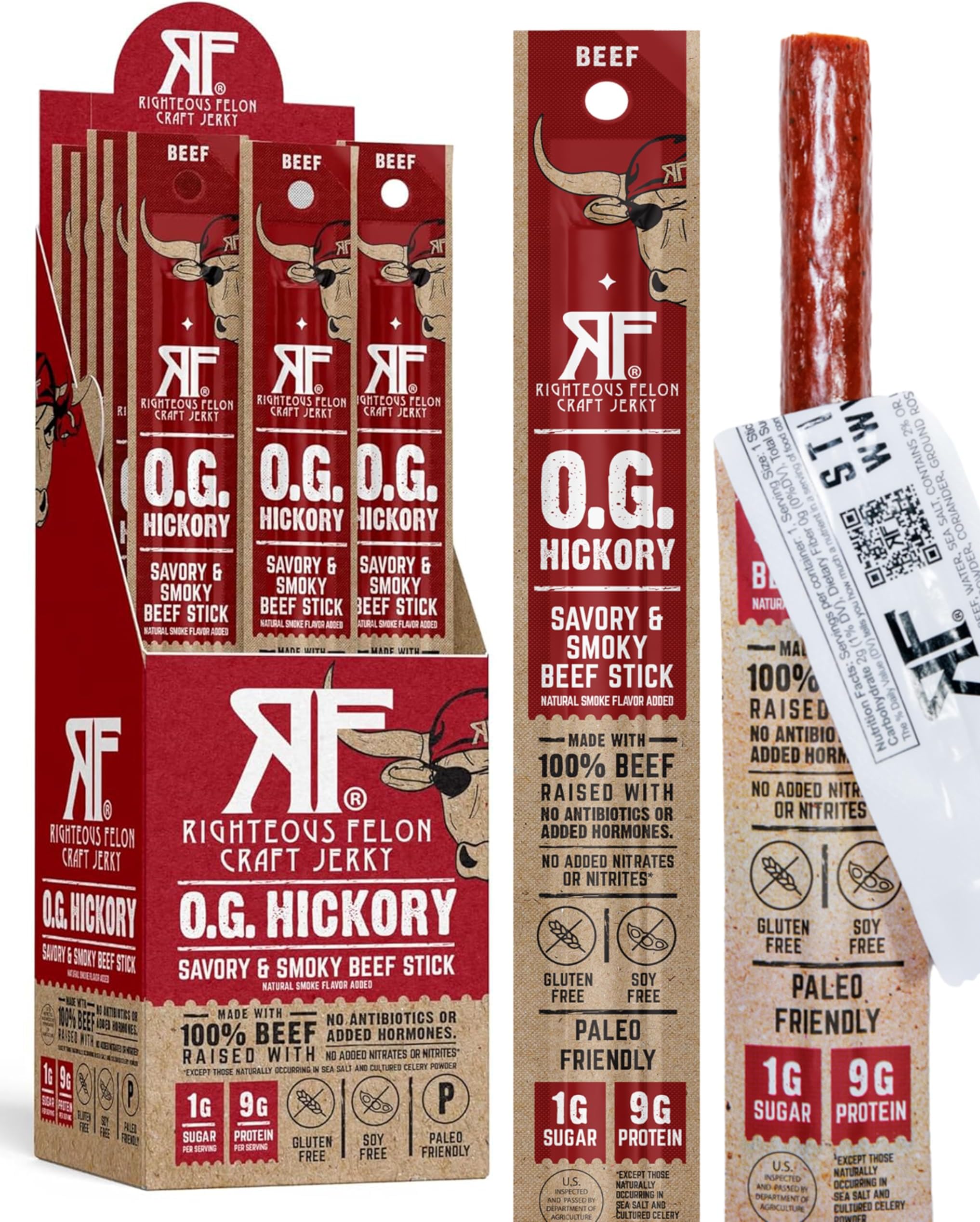 - Righteous Felon Meat Sticks | 100% Grass Fed Beef | 9g Protein per Stick | Keto, Gluten-Free, Low Sugar, High Protein Snack Sticks | Individually Wrapped | OG Hickory Beef Sticks, 24 Count
