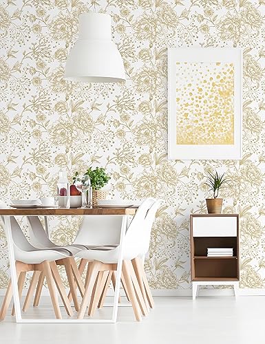 Miniatura 23 de Safiyya Papel tapiz de contacto floral bohemio para despegar y pegar, 78.7 x 17.3 pulgadas, papel de pared dorado y verde oscuro, moderno, Dorado
