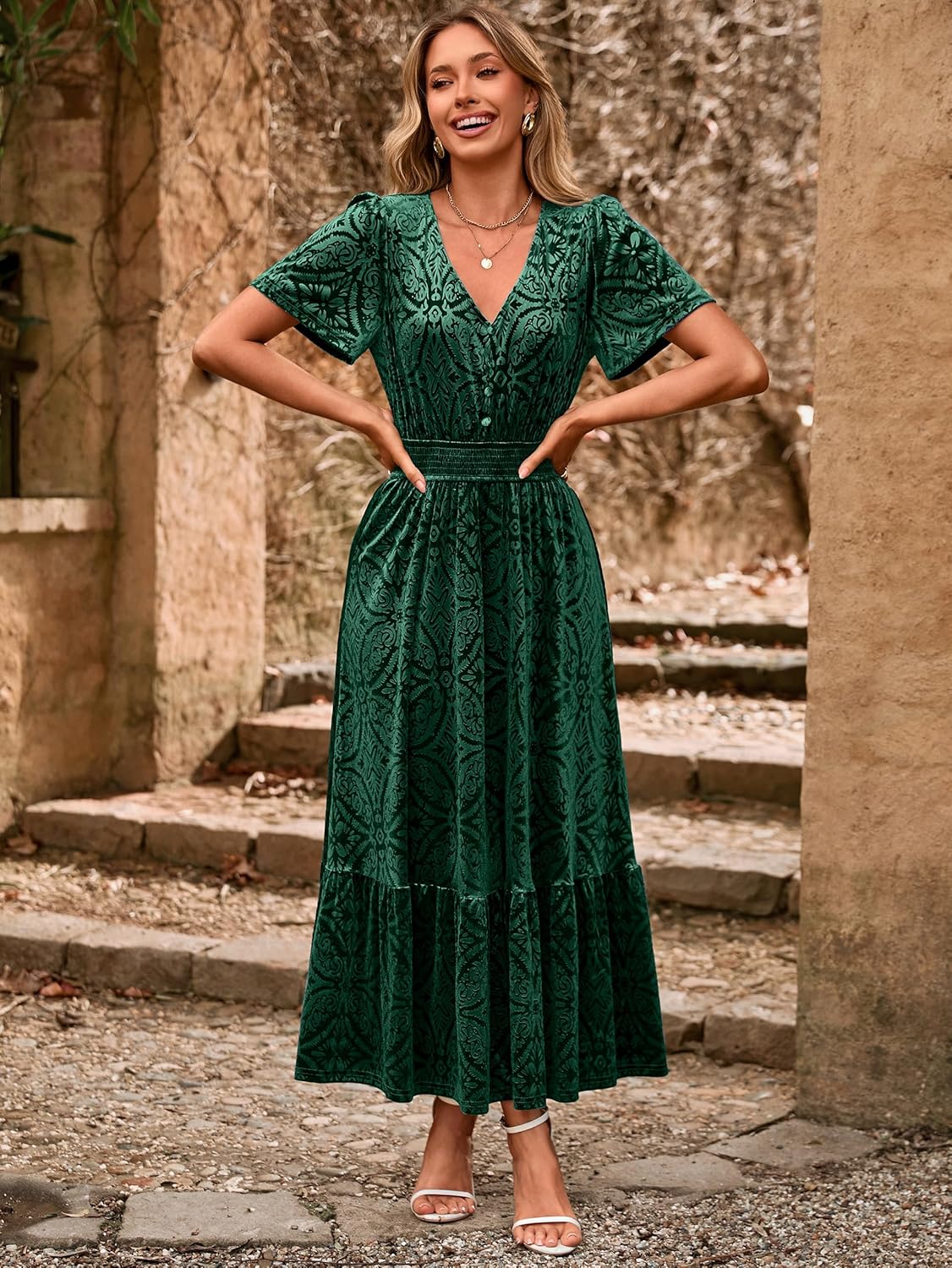 Simplee Womens Fall Velvet Dress Short Sleeve V Neck Floral Maxi Dress Long Formal Winter Wedding Guest Dresses - Image 2