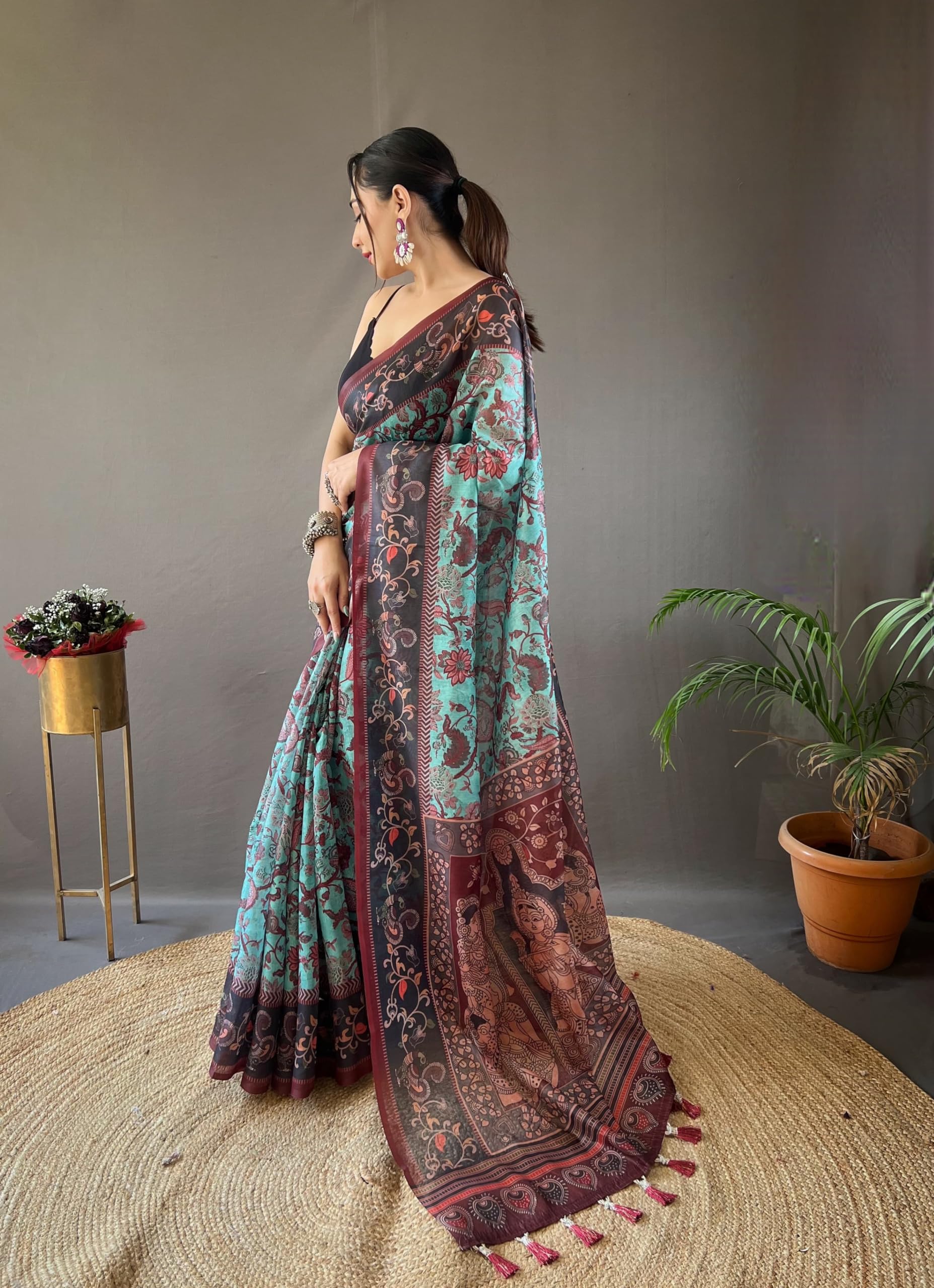 SGF11 Women's Kalamkari Cotton Linen Silk Saree With Blouse Piece product image 3