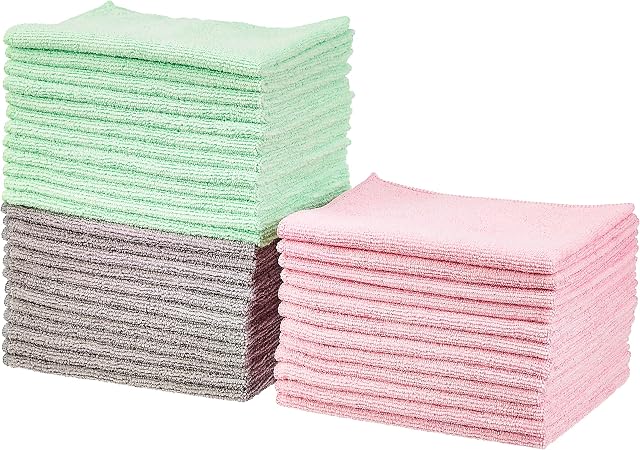 Amazon Basics Green, Grey and Pink Microfibre Cleaning Cloth, 36-Pack