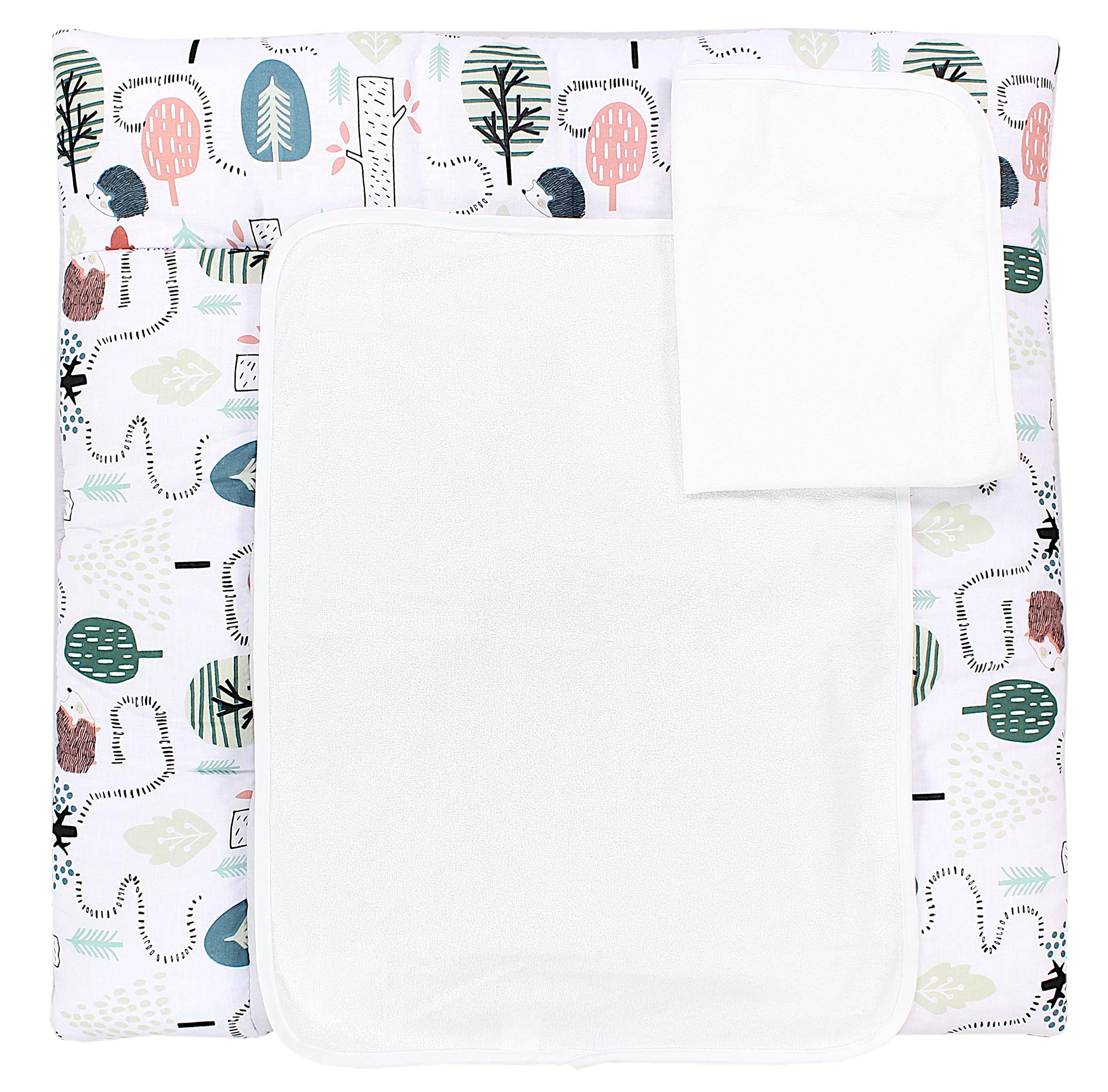 TupTam Wickelauflage mit 2 wasserfesten Frotteebezügen – weich gepolstert & hautfreundlich MAR02579, Farbe: Igel im Wald/Mint, Größe: 65 x 75 cm
