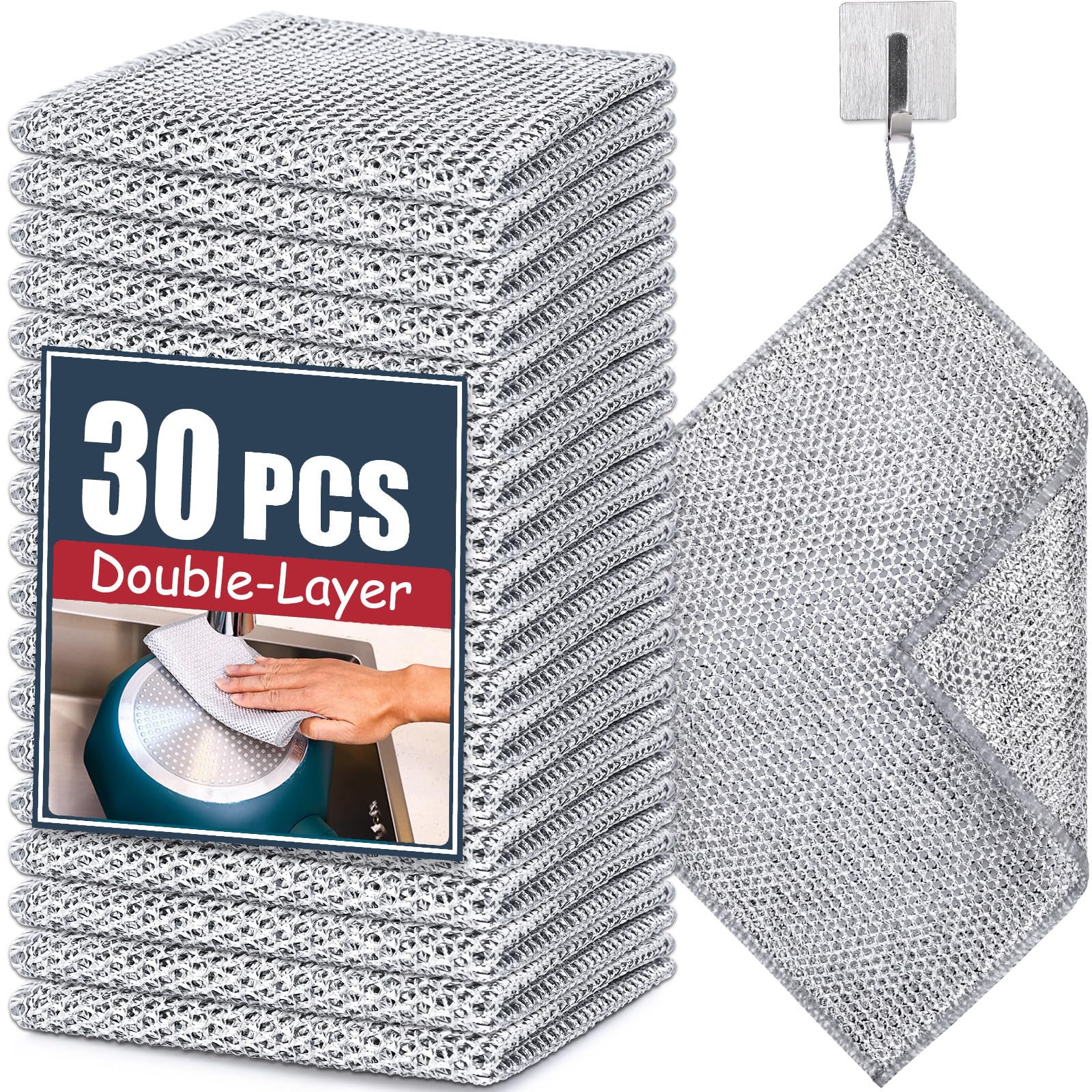 Navona 30 Pcs New Upgrade Steel Wire Dishcloth,Double-Layer Steel Wire Cleaning Cloth,Powerful Cleaning Non-Scratch Wire Dishcloth Rag for Cookware, Sinks, Dishes, Stove Tops