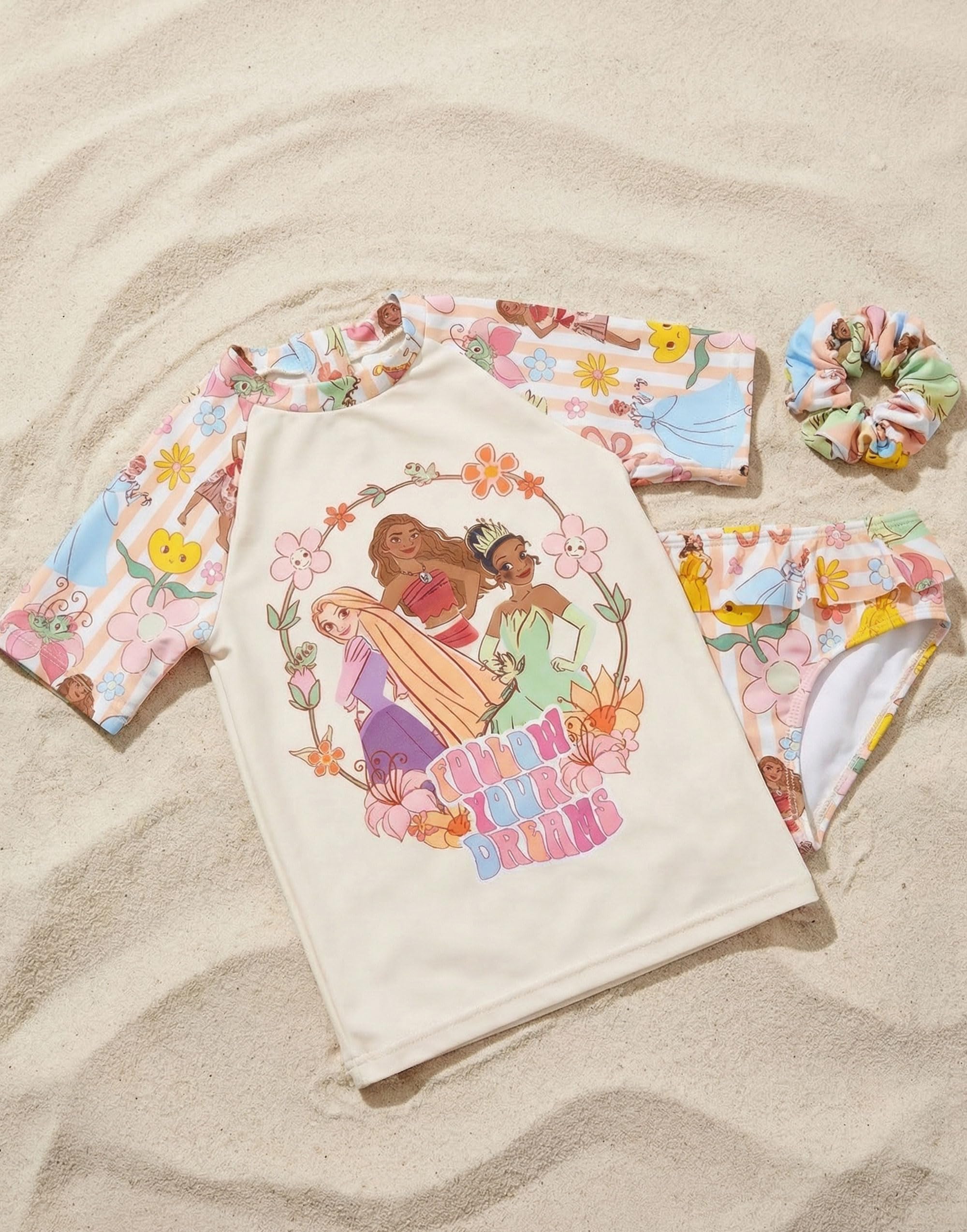 Disney Rapunzel, Vaiana und Tiana – Dreiteiliges Bikini-Set für Mädchen | Kurzarm-Rashguard mit Reißverschluss und Haargummi | Prinzessinnen-Strandmode | Strandoutfit für den Urlaub