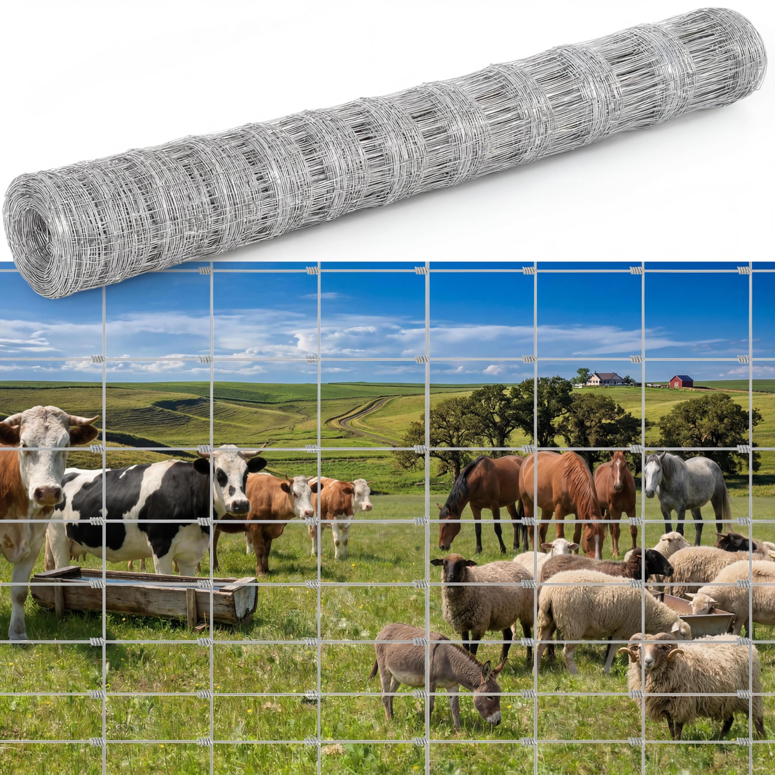 Photo 1 of Cattle Fence 5Ft x 328Ft,12 Gauge Heavy Duty Galvanized Woven Wire Fencing, Hinge Knot Livestock Fence for Cattle Goat Sheep Hog Deer Horse, Metal Garden Field Fence for Pasture Yard Garden Farm