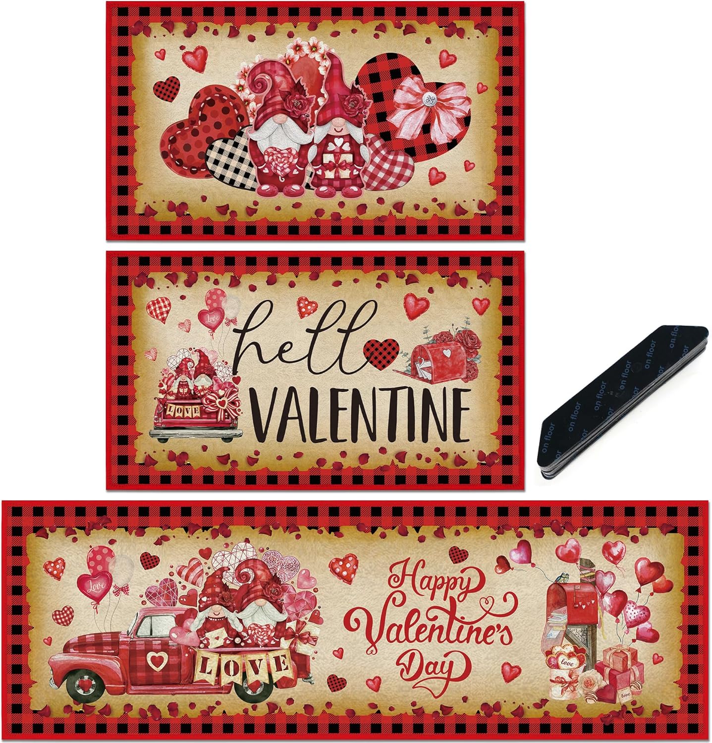 Romart Valentines Kitchen Rug Set, 3 Pcs Buffalo Plaid Gnome Runner Rugs and Floor Mats for Holiday Home Kitchen Decor, Cute Housewarming Gifts (16"×28" & 16"×47")