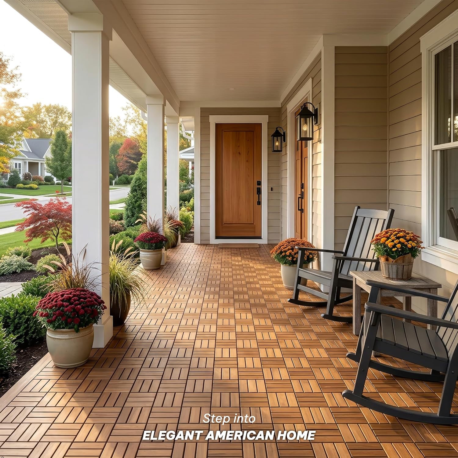 Acacia Interlocking Deck Tiles, 10 PCS Wood Flooring, 12 Slats, Honey Oak image 5