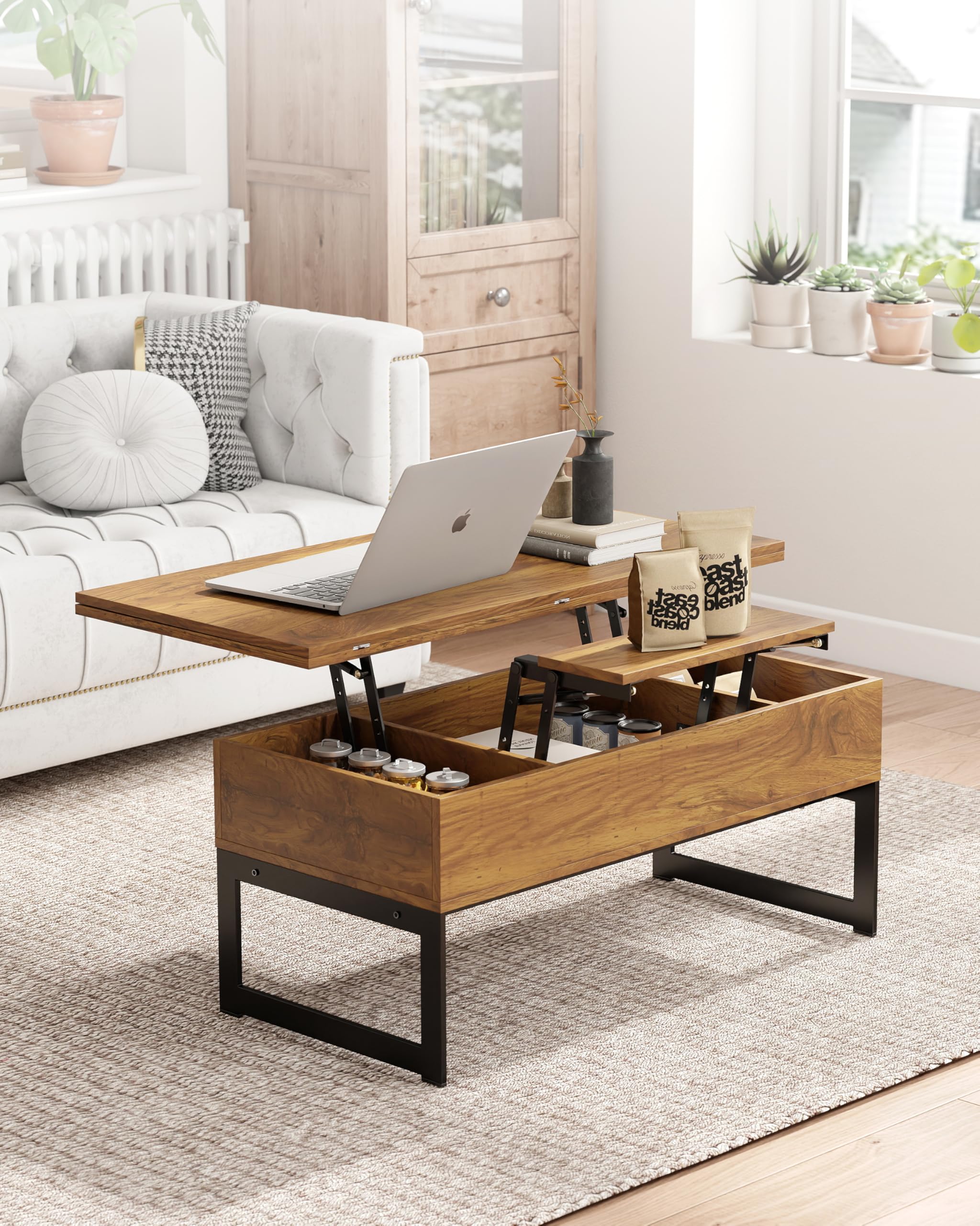 Manora Table basse multifonction convertible en table de salle à manger ou poste de travail pour salon, bureau à domicile, design compact avec rangement caché, marron