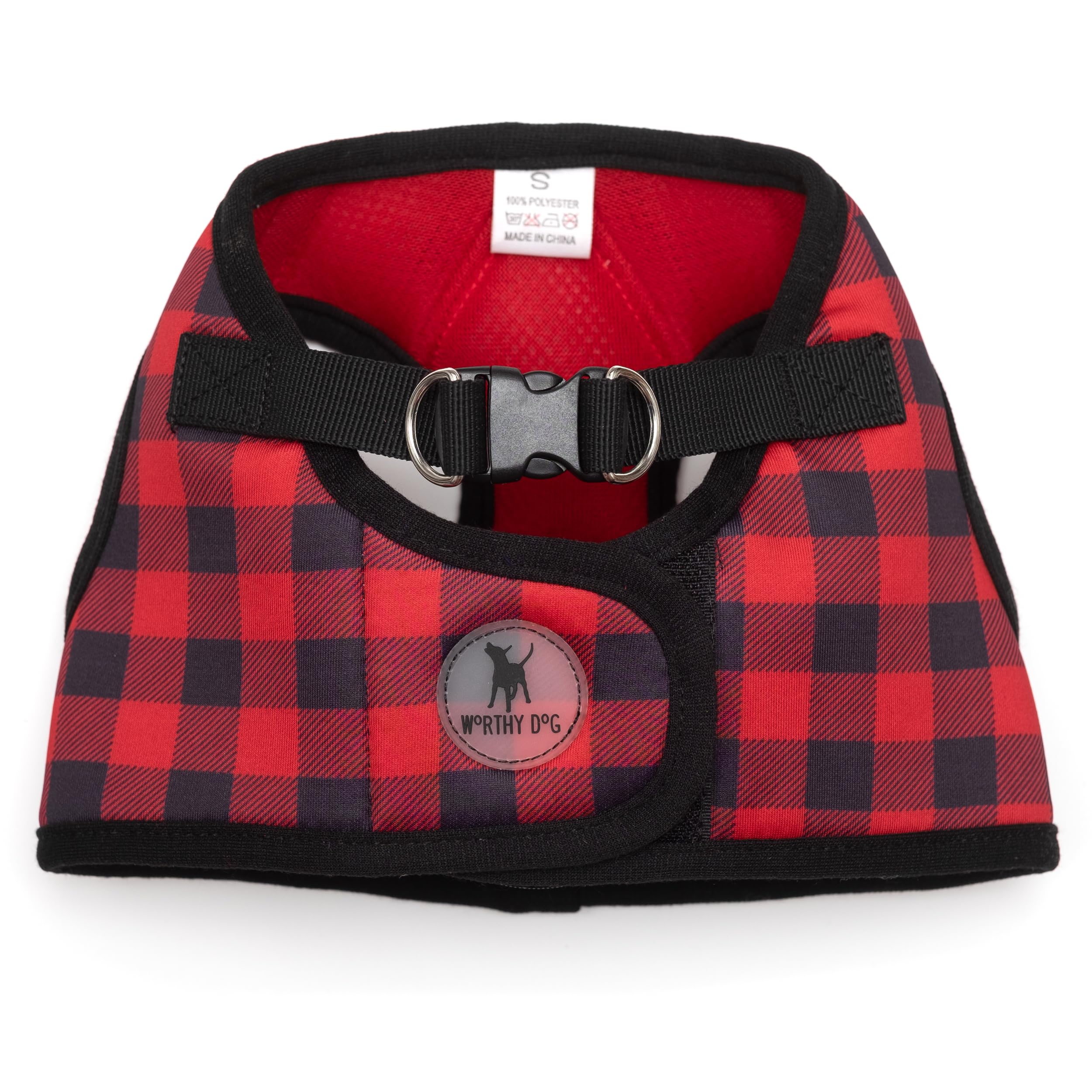 The Worthy Dog Bedrucktes Geschirr Buffalo Plaid Rot und Schwarz kariertes Muster Geschirr mit gepolstertem NetzKlettverschluss Verstellbar, Outdoor Easy Walk Weste für kleine, mittelgroße und große