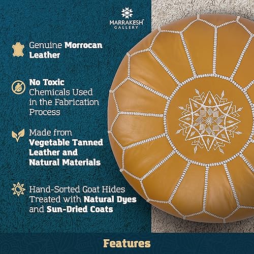 Miniatura 74 de Marrakesh Gallery - Funda de puf marroquí, otomana redonda y grande de piel, decoración bohemia para sala de estar, reposapies, sin relleno Marrón
