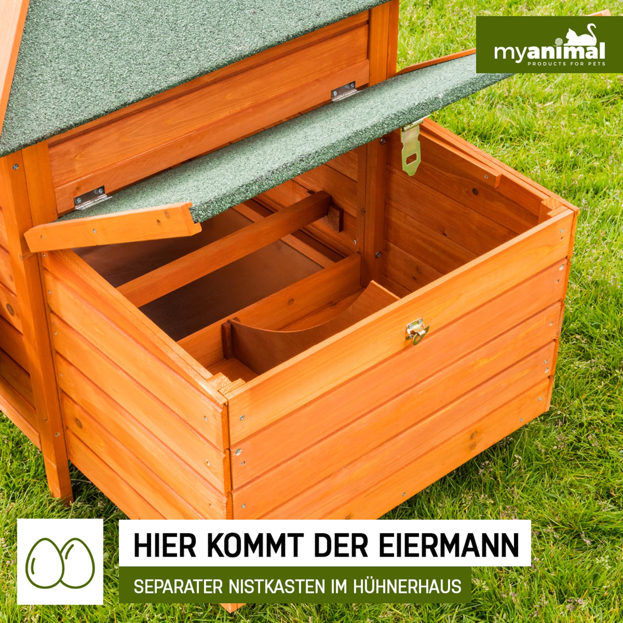 Miweba MyAnimal Hühnerstall für 3 Hühner | 206x73x123 cm Winterfest - Vogelhaus - Hühnergehege mit Nistkasten - Voliere - Hühnerhaus - Freilaufgehege Huhn - Legenest - Vogelvoliere - Gehege (Braun)