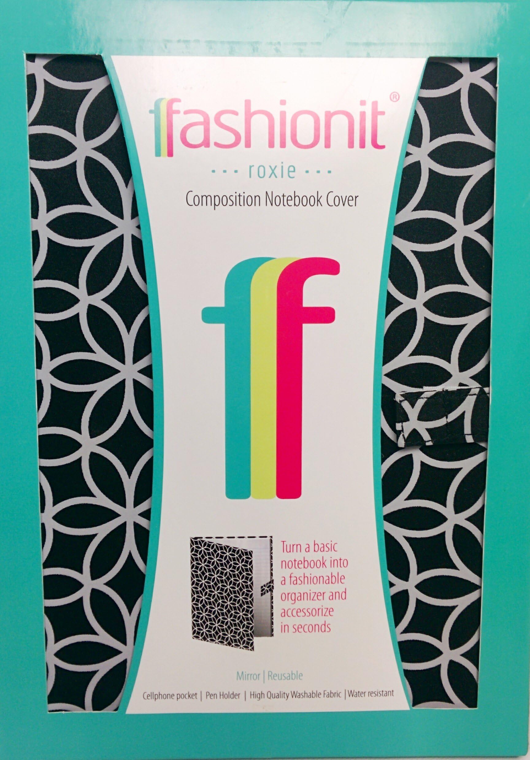 Fashionit Roxie Spiral Composition Notebook Cover, 7 1/2 X 10 Black with Gray/silver Flower Designs, w/ Mirror & Pockets