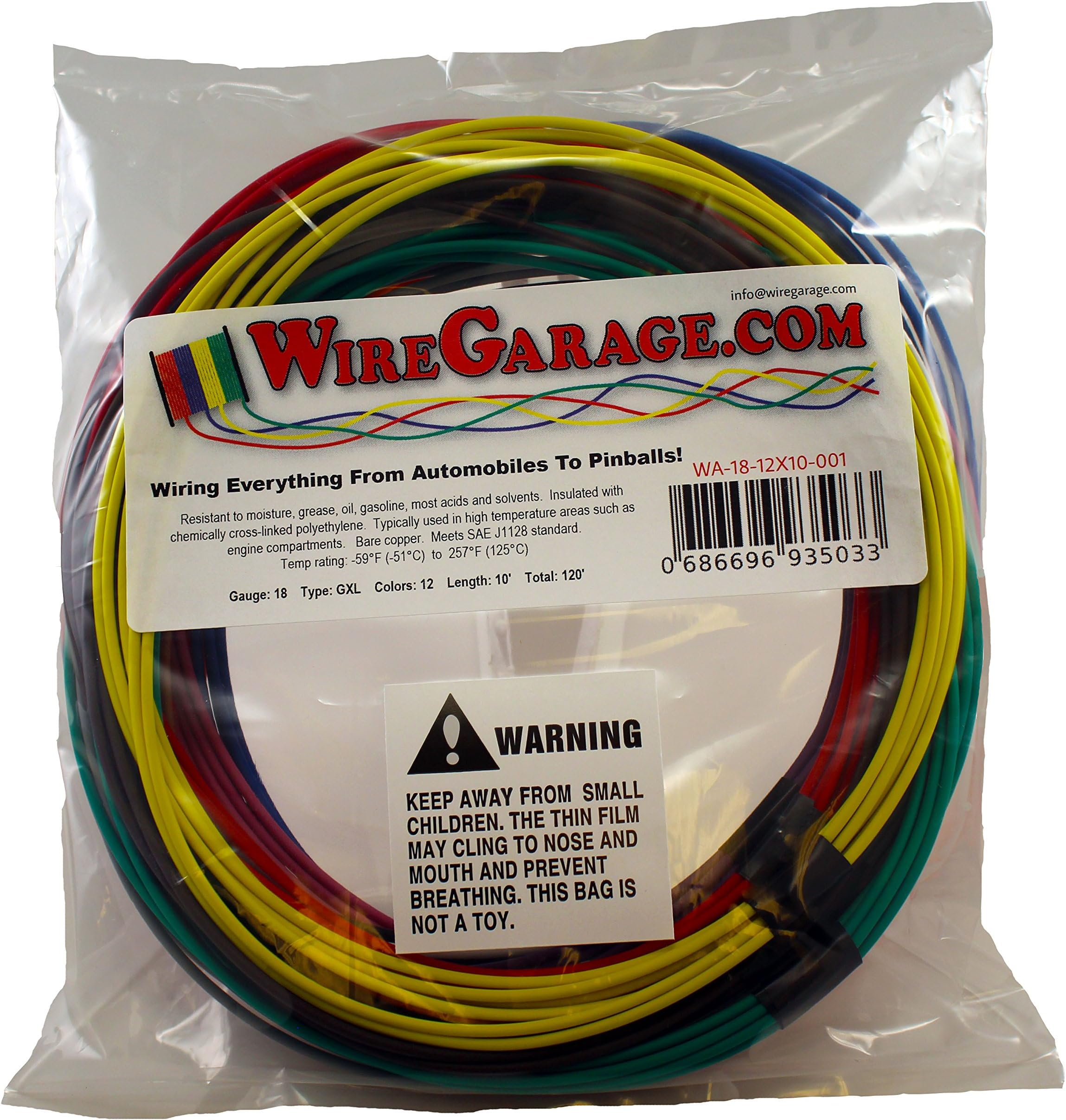 High Temp GXL Cross-Link XLPE Stranded Wire, 18 AWG Gauge, SAE J1128, Automotive, Motorcycle, Electrical, 10' Each of 12 Solid Colors (120' Total)