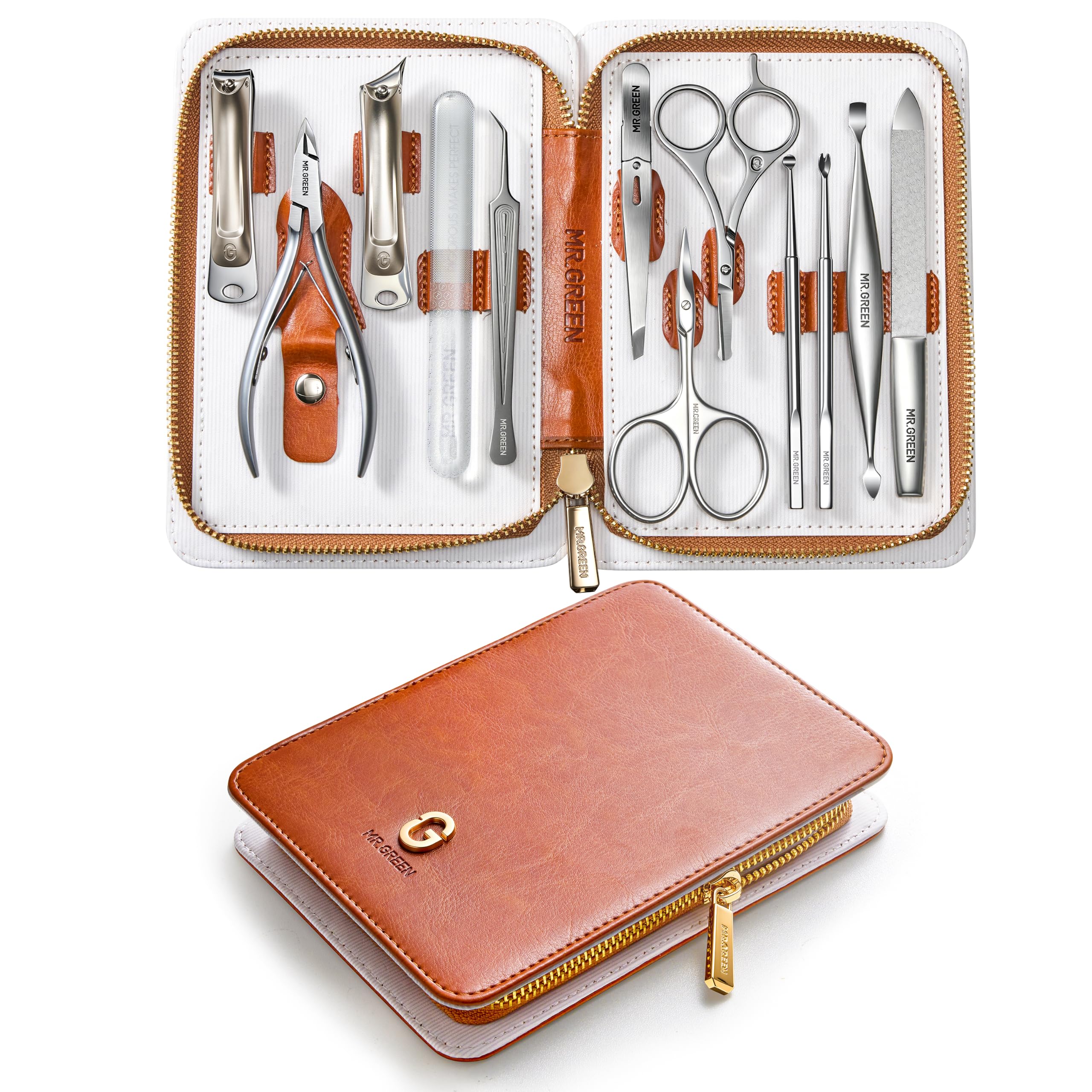MR.GREEN Kit de manucure 12 en 1 - Coupe-ongles professionnel en acier inoxydable allemand - Outils de manucure pour ongles de doigts et orteils - Kit de voyage pour homme et femme - Avec étui en cuir