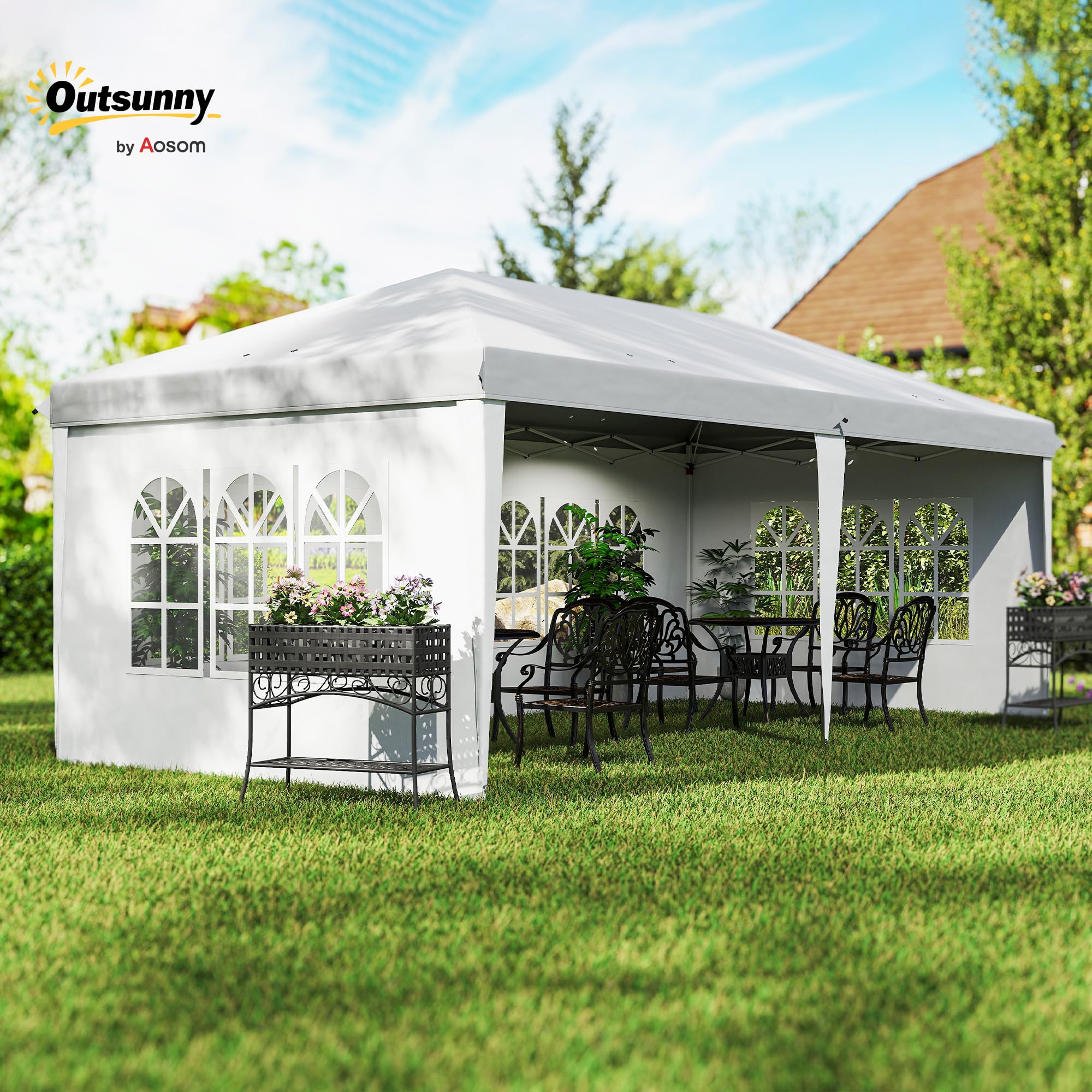 Outsunny Gazebo 6x3 m Pop Up Pieghevole Regolabile in Altezza Bianco | Gazebo da Giardino, Finestre, Pareti Removibili, Borsa per Trasporto, Acciaio, Poliestere