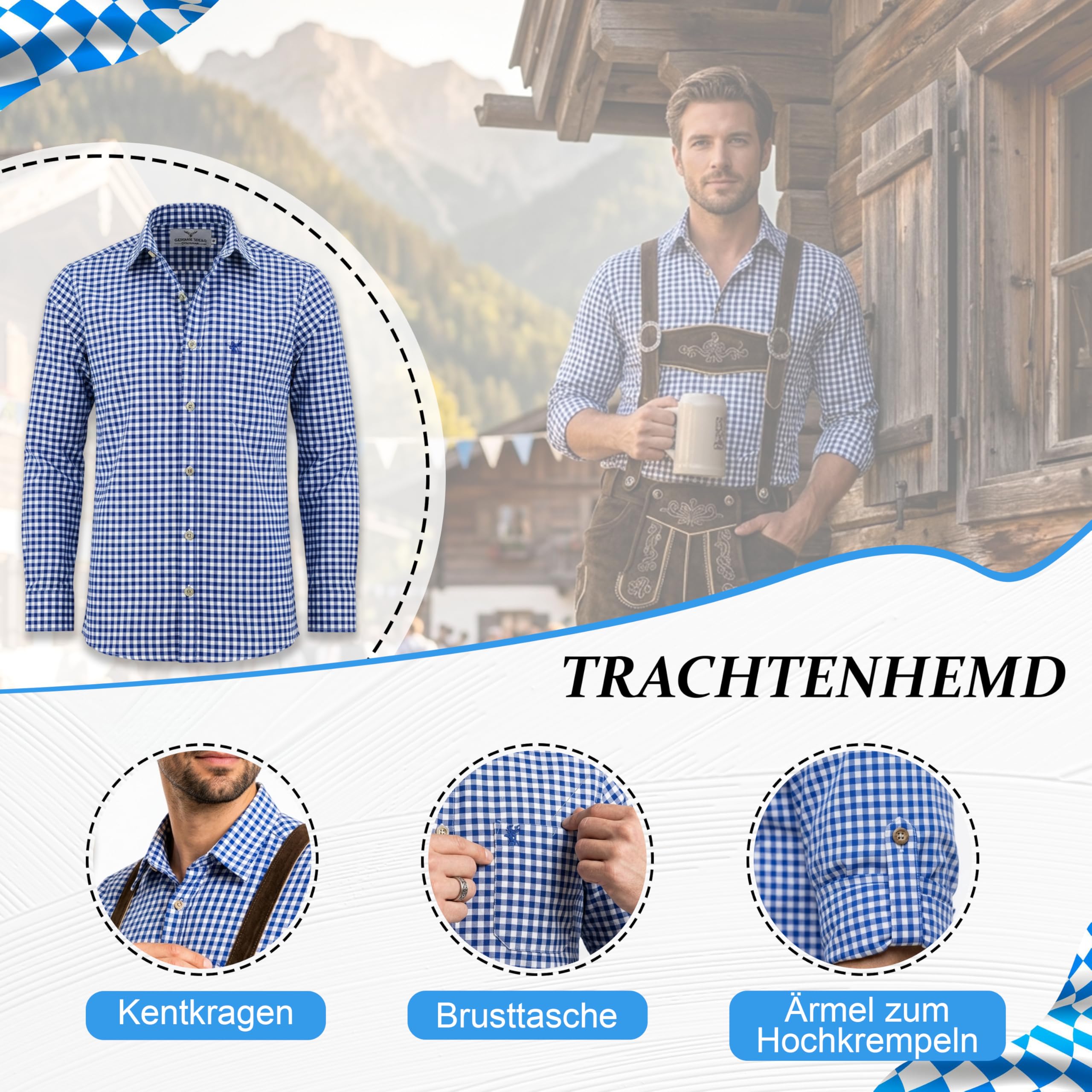 German Wear 5-teiliges Herren Trachtenset Komplett – Premium Lederhose aus Nappaleder Wildleder mit Hosenträgern Haferlschuhe Trachtenhemd Blau Trachtensocken