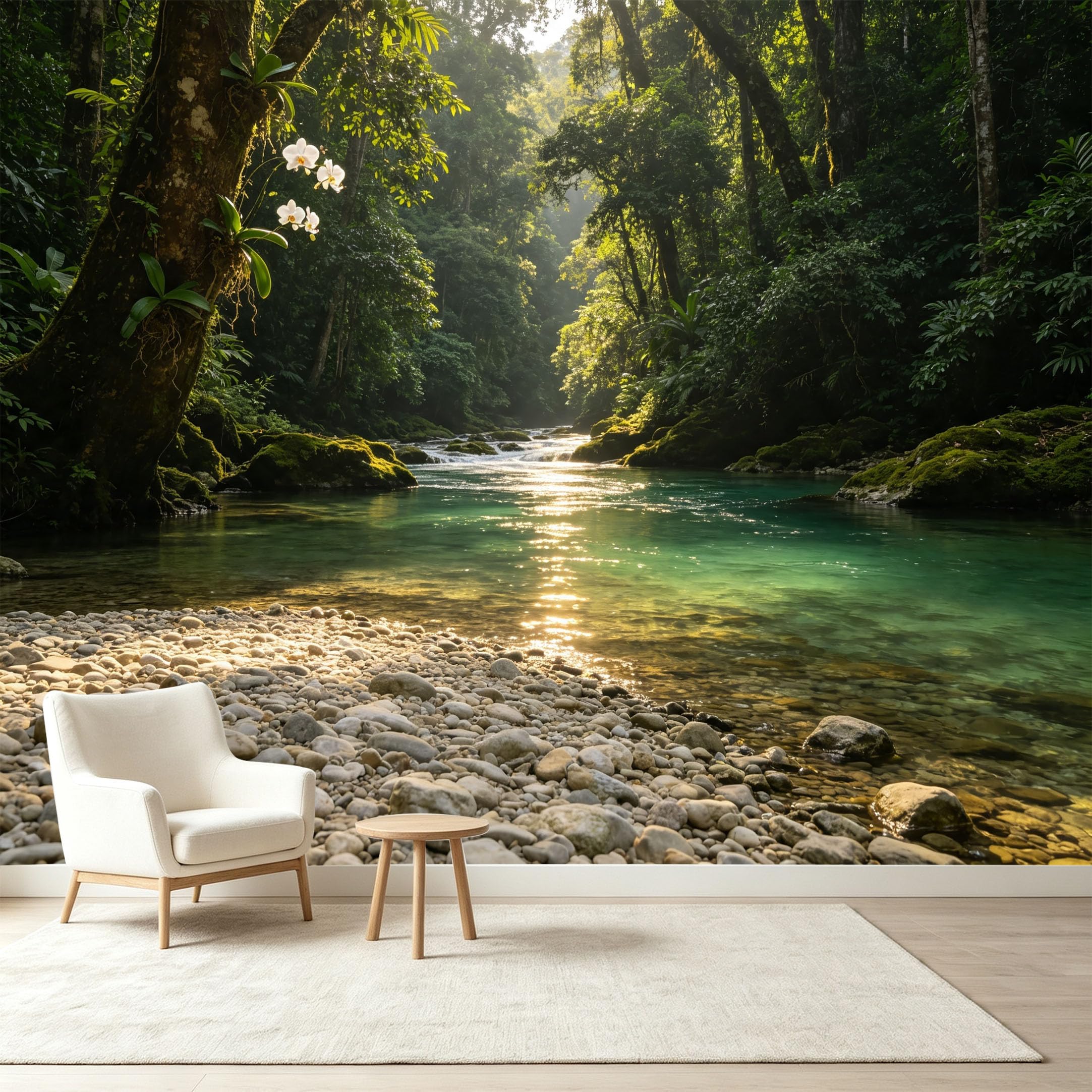 Custom Size Wall Murals Tropical Rainforest Landscape Sunlit River White Orchids Rocks Self-Adhesive Wall Fabric Removable Wallpaper Wall Decor for Living Room Bedroom Bathroom