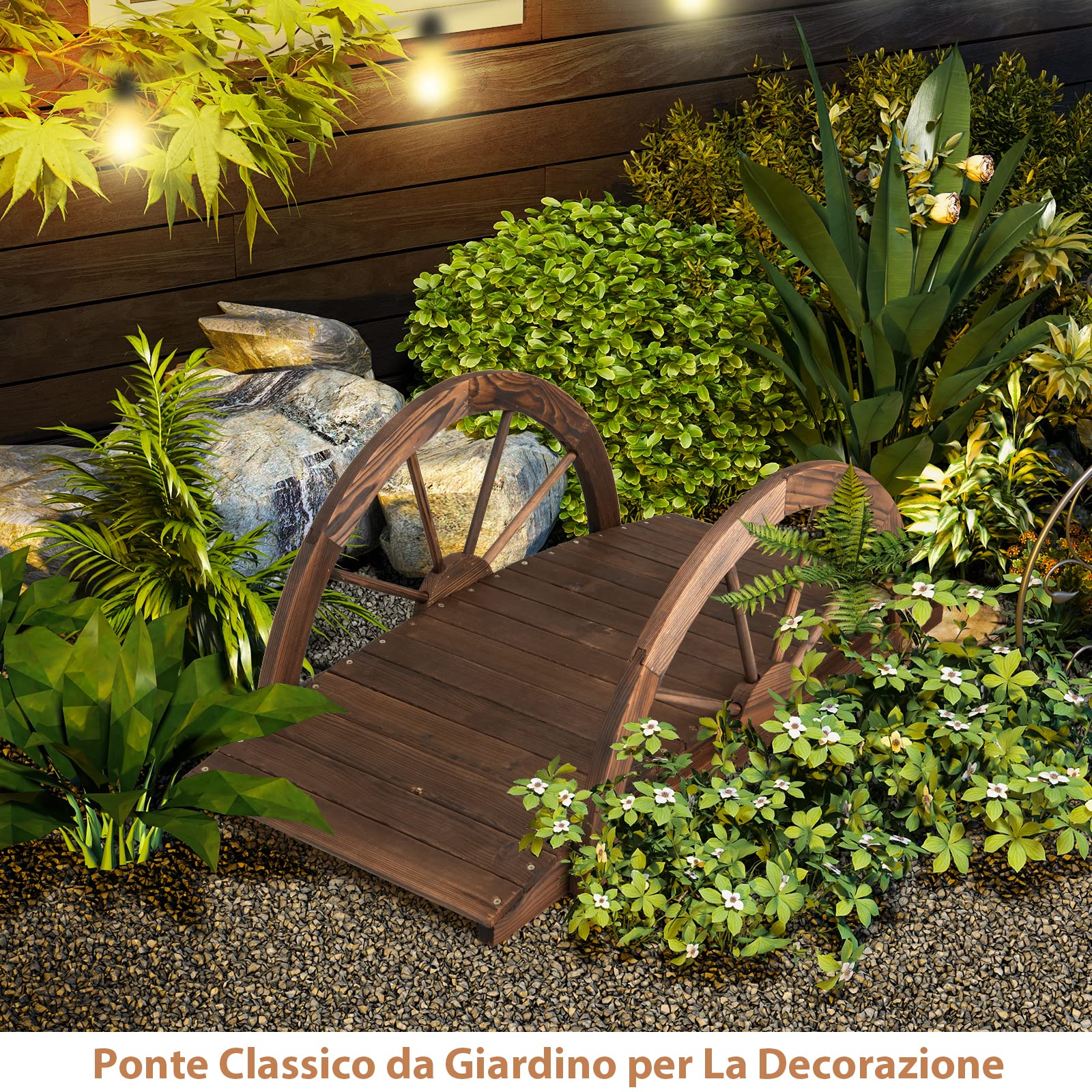 COSTWAY Ponte in Legno da Giardino, Doppia Ringhiera, Capacità di Carico 75 kg