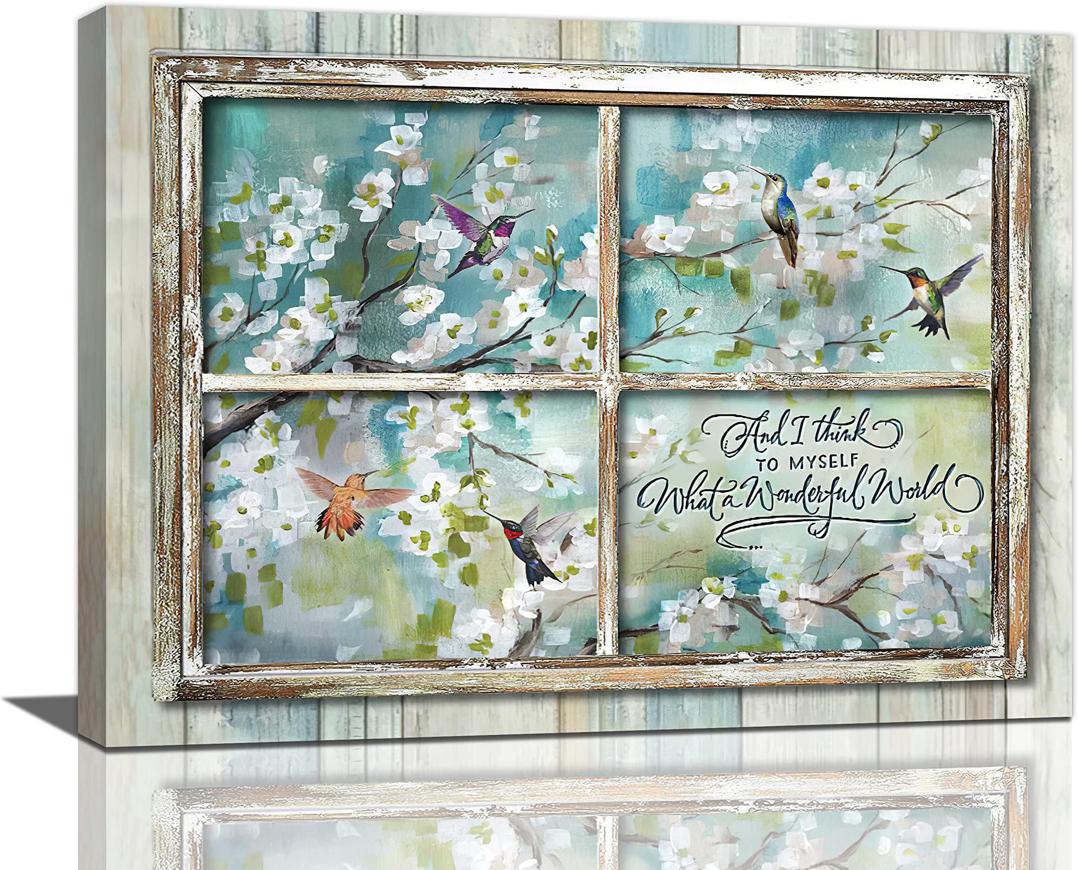 jamie world Bathroom Flower Wall Art Country Farmhouse Floral Canvas Painting Rustic Window Hummingbird Pictures Framed Positive Artwork Kitchen 16Inchesx12Inches Window Country Hummingbirds Flower